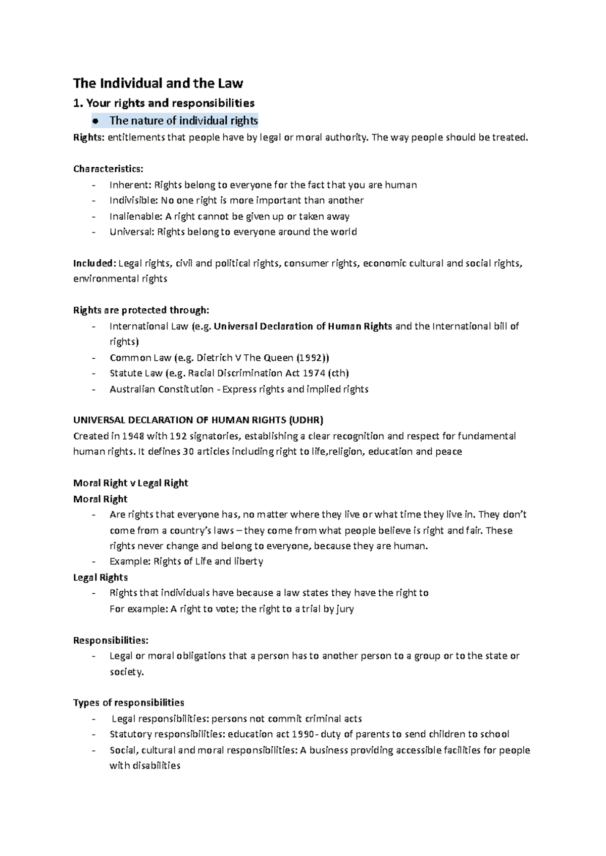 Individual Rights and Responsibilities: A Study Guide for Law 1 - Studocu