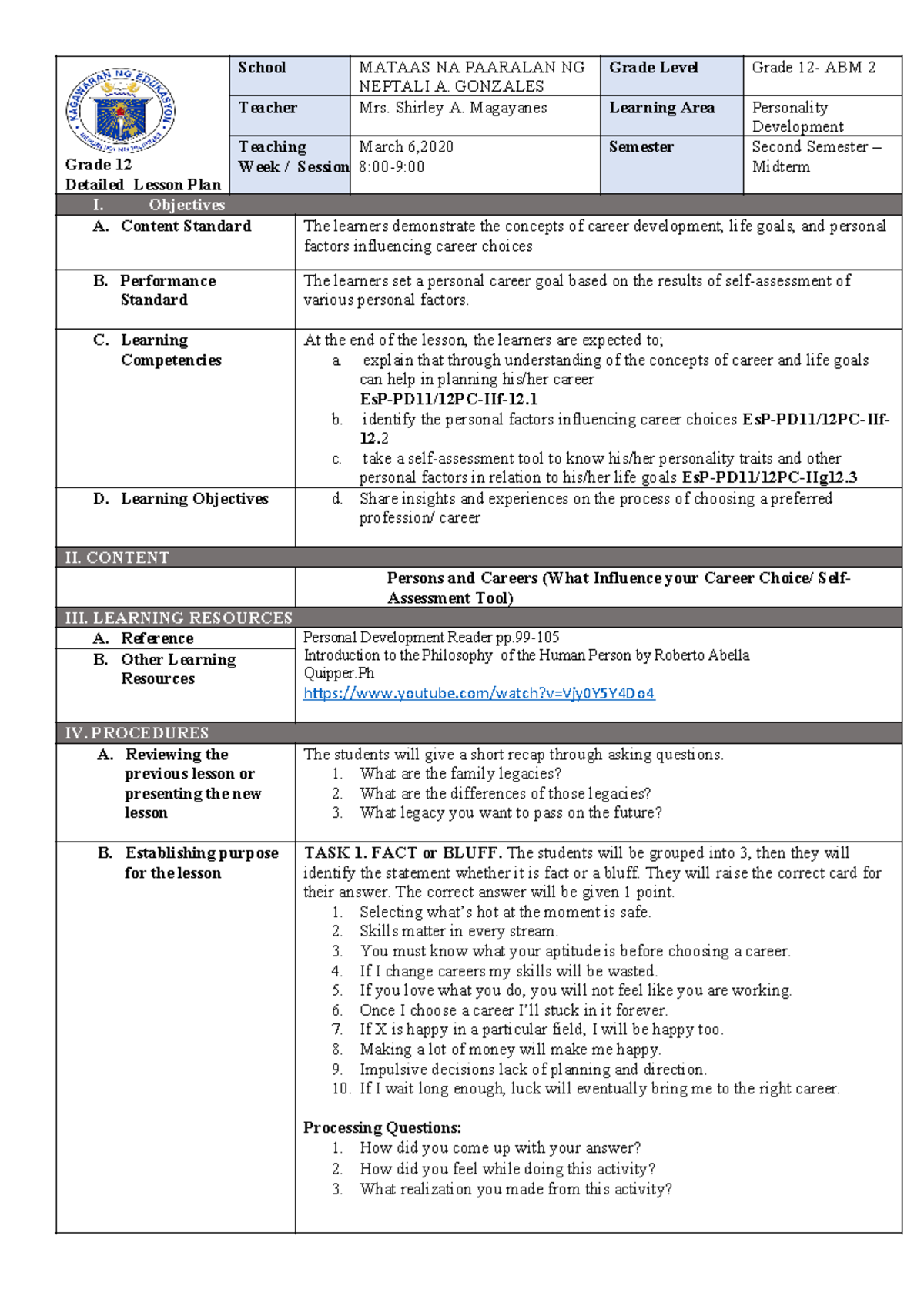 DLP-12: Detailed Lesson Plan on Career Development & Personality - Studocu