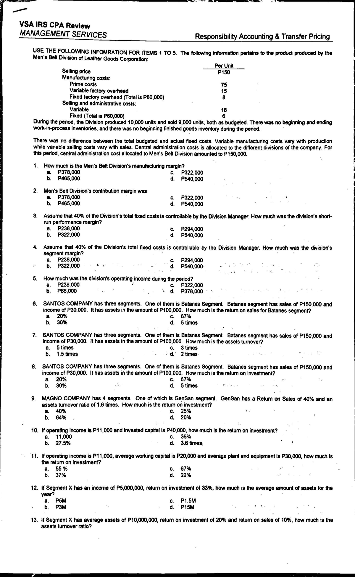 VSA IRS CPA Review: Belt Division Financial Analysis - Studocu
