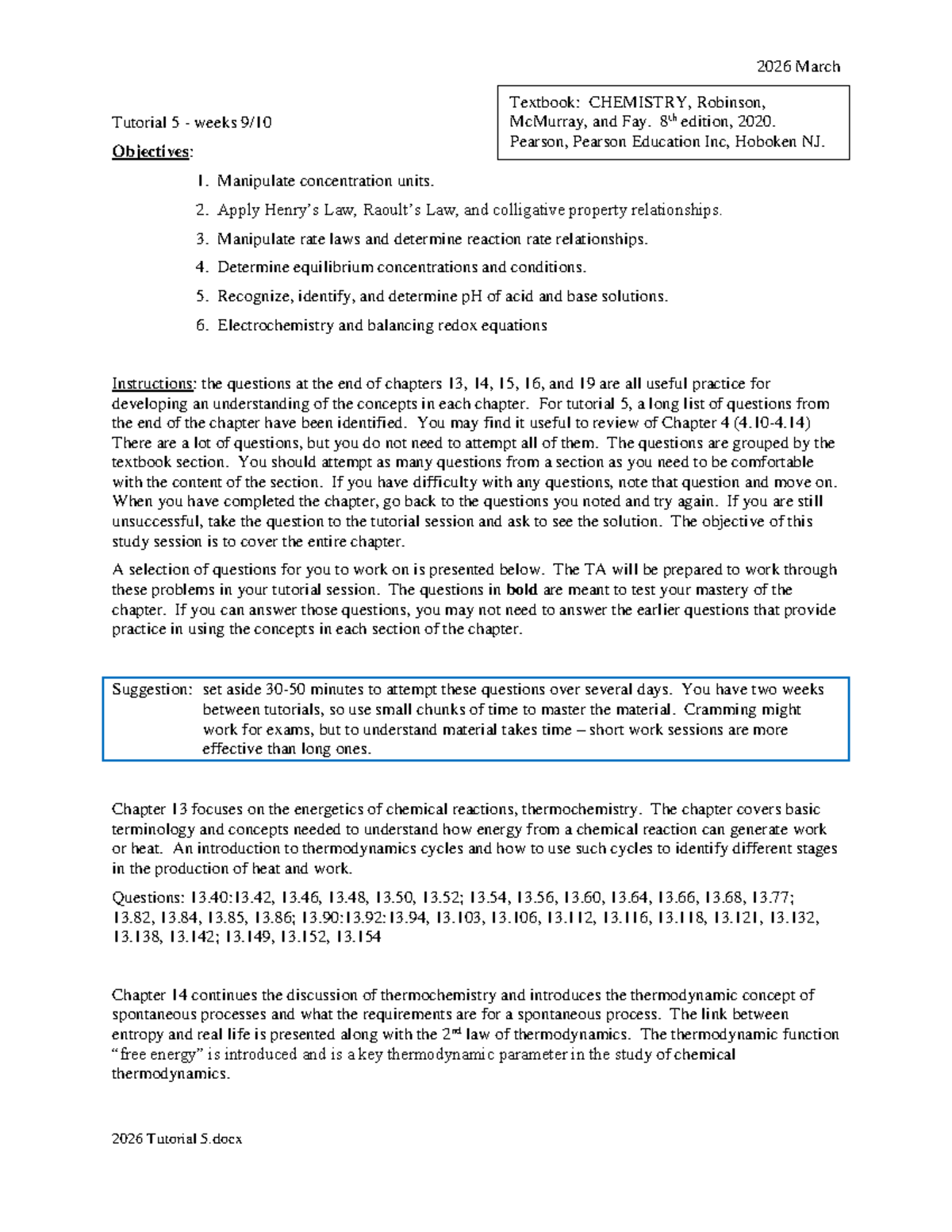 2026 CHEM 101 Tutorial 5: Thermochemistry & Key Concepts - Studocu