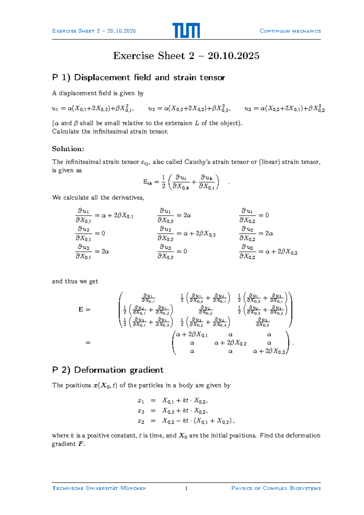 PH1007 Continuum Mechanics Exercise Sheet 2 Solutions - Studocu