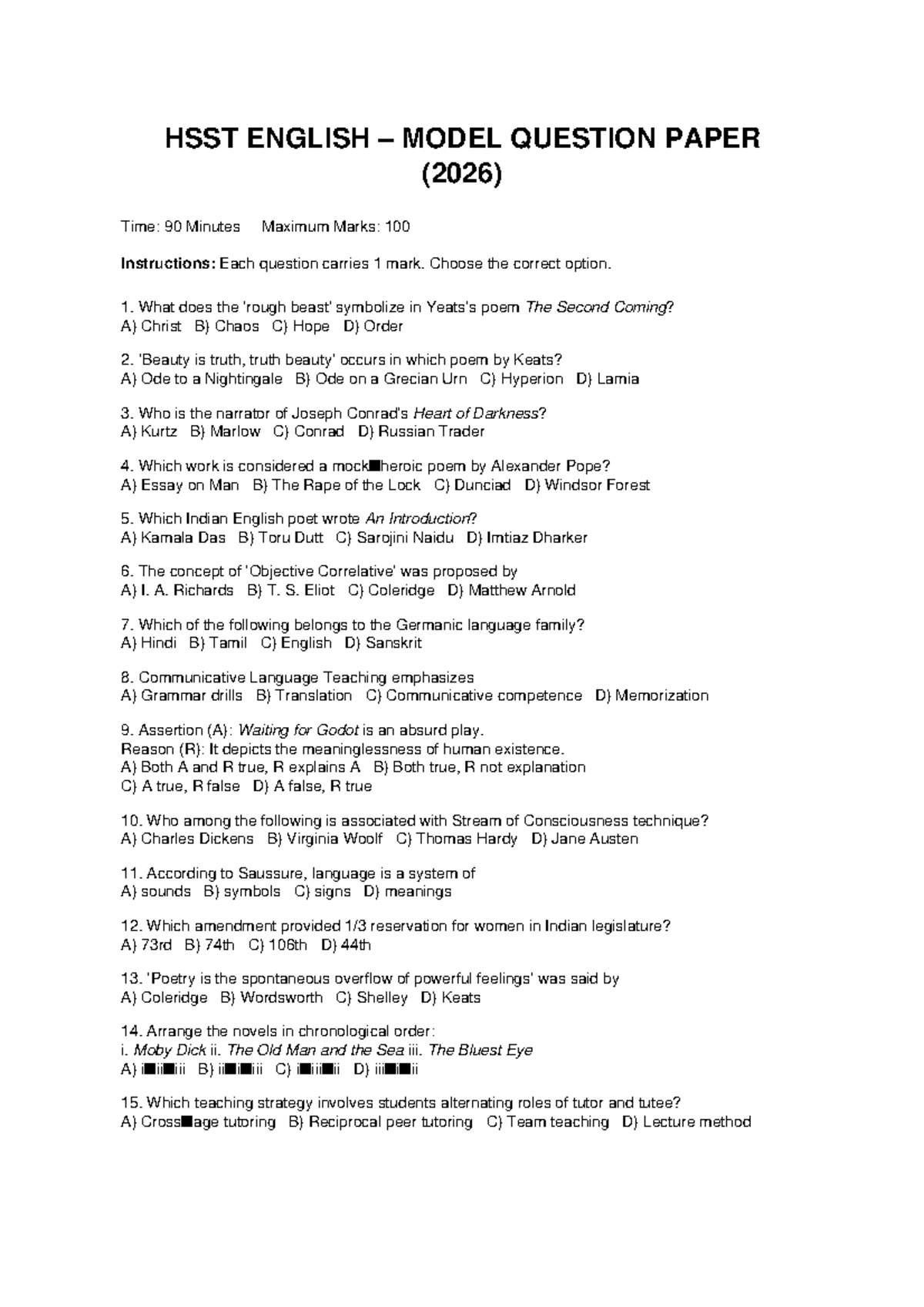 HSST English Model Question Paper (2026) - Practice Test - Studocu