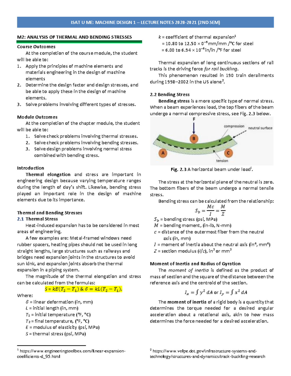 M2 - For machine design - M2: ANALYSIS OF THERMAL AND BENDING STRESSES ...