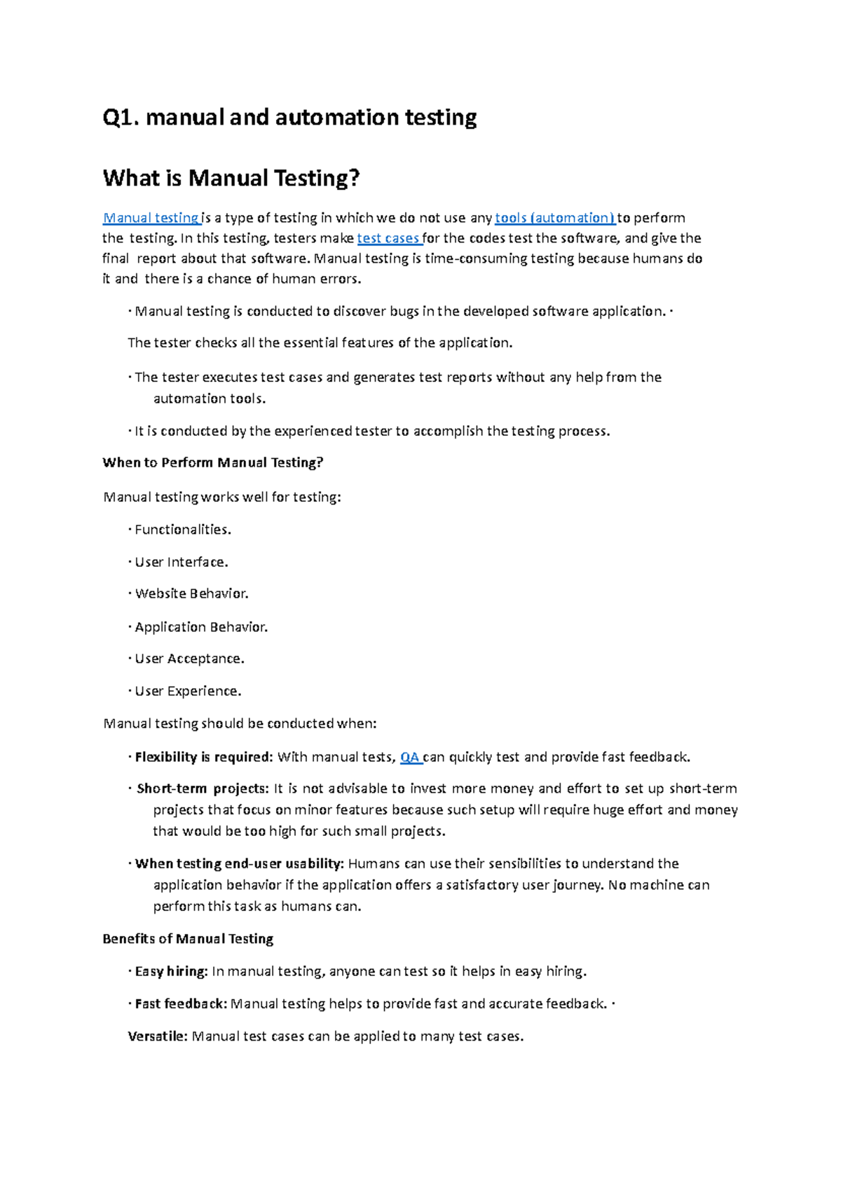 Software Testing - Q1. manual and automation testing What is Manual ...
