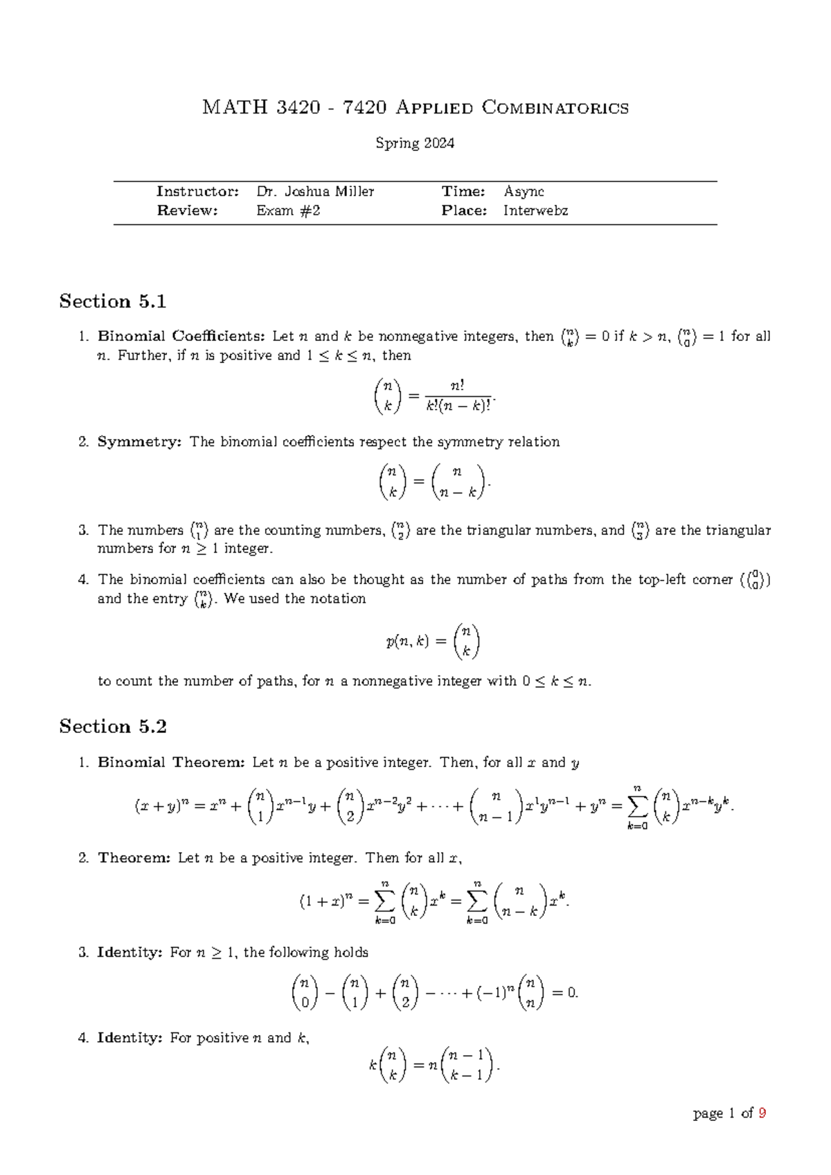 MATH 3420 7420 Applied Combinatorics Spring 2024 Exam 2 Review Notes ...