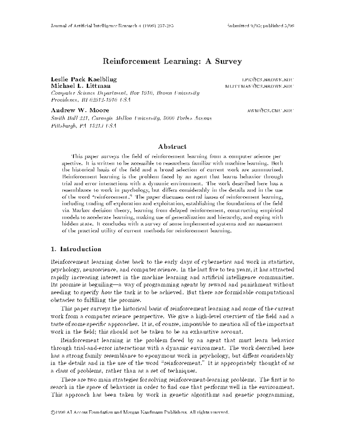 Reinforcement Learning: A Comprehensive Survey (CS-1996) - Studocu