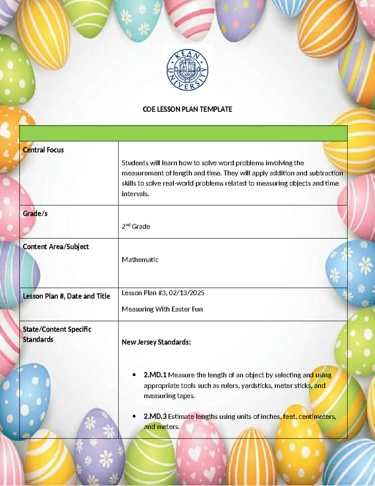 COE 2nd Grade Math Lesson Plan: Measuring Length & Time with Easter Fun ...