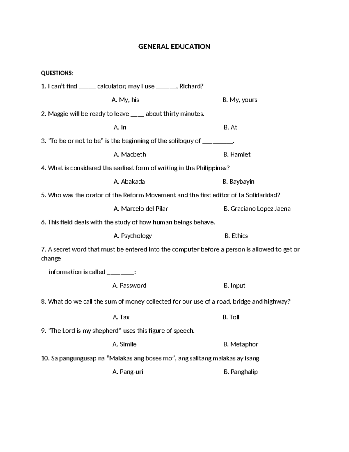 General%20 Education - Notes - GENERAL EDUCATION QUESTIONS: 1. I can’t ...