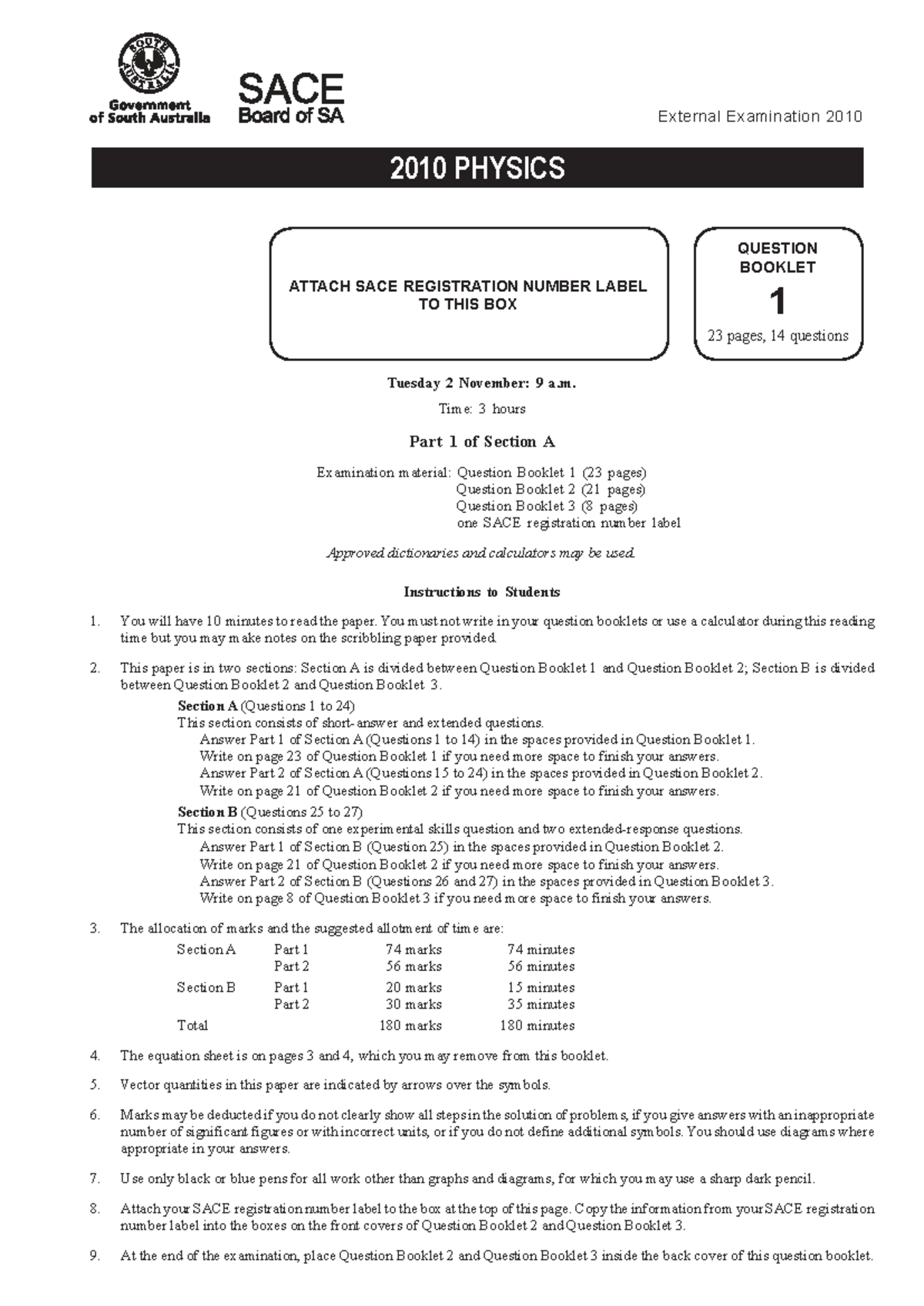 2010 PHYSICS EXAMINATION PAPER - QUESTION BOOKLET (SACE) - Studocu