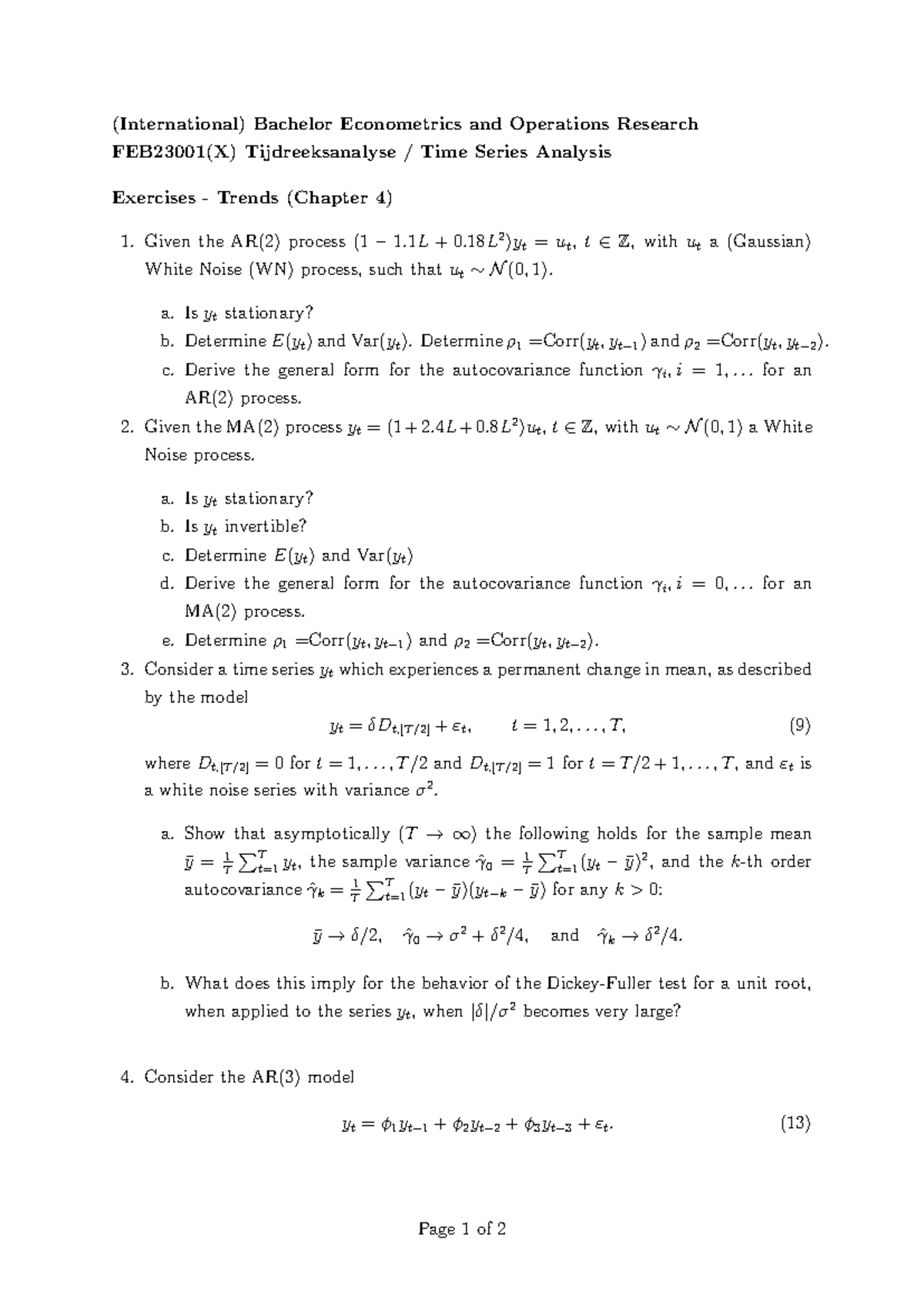 Exercises 3 - Time Series Analysis (FEB23001) - Studeersnel