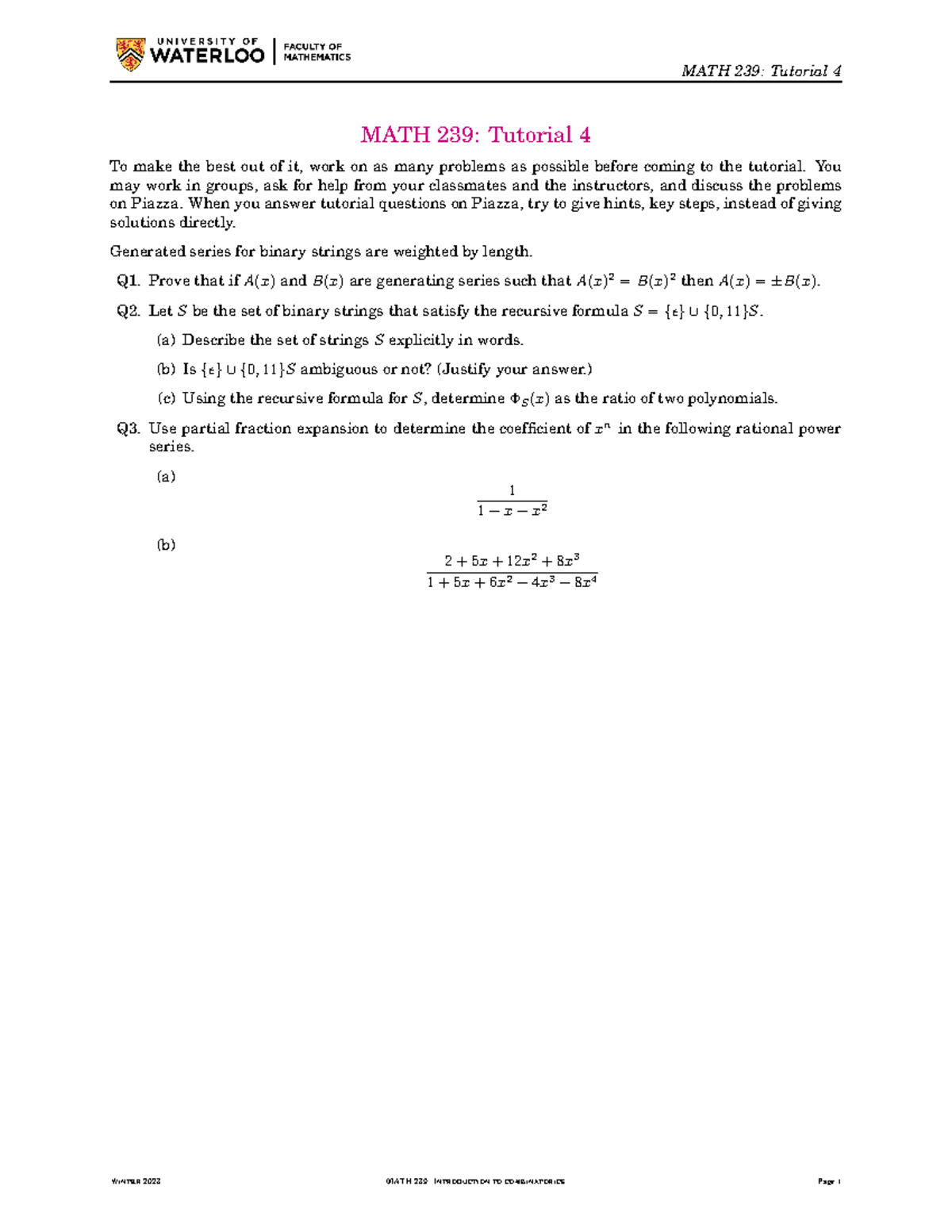 MATH 239: T4 Solutions and Questions for Tutorial 4 - Winter 2023 - Studocu