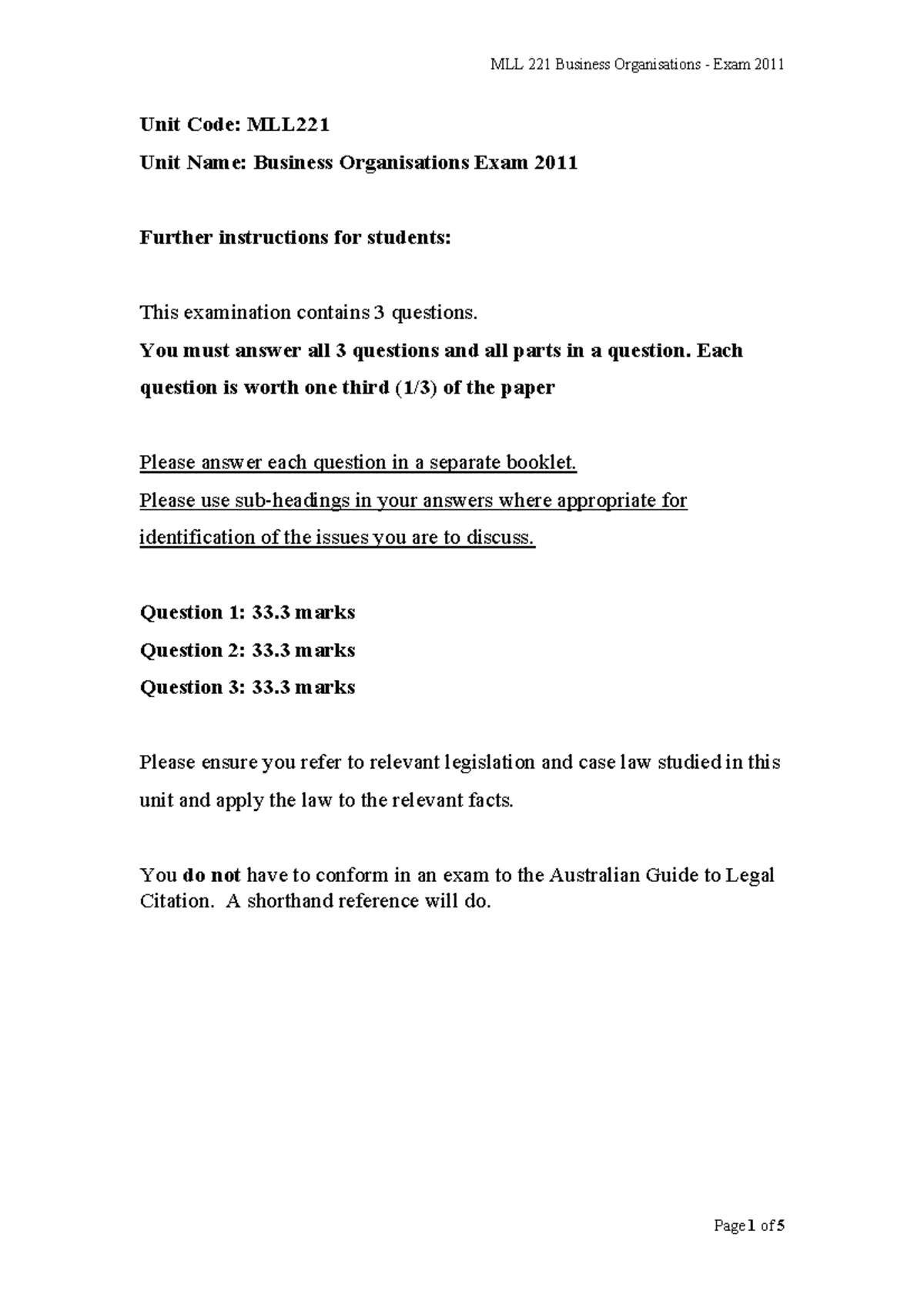 Exam FINAL 2011 2011, questions and answers - MLL 221 Business ...