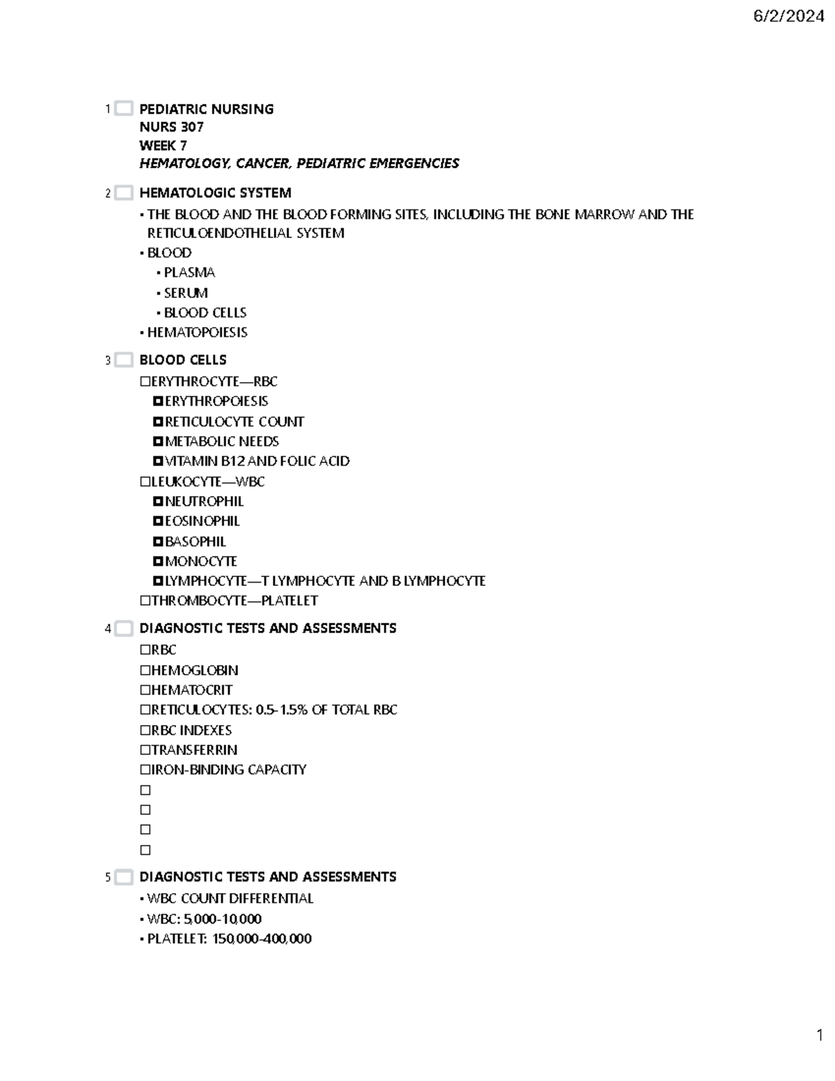 NURS 307 Week 7: Hematology, Cancer, & Pediatric Emergencies Notes ...