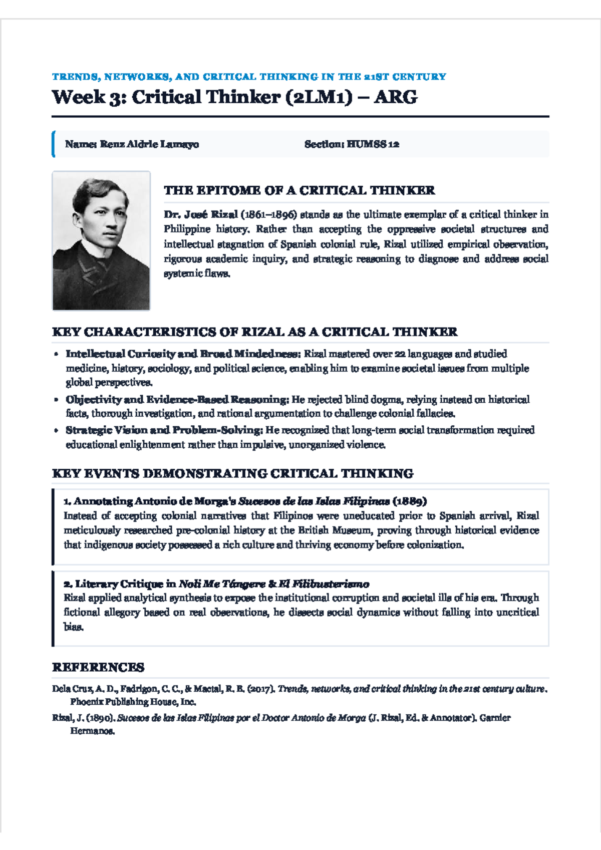 Critical Thinker Assignment: Dr. Jose Rizal (2LM1) Analysis - Studocu