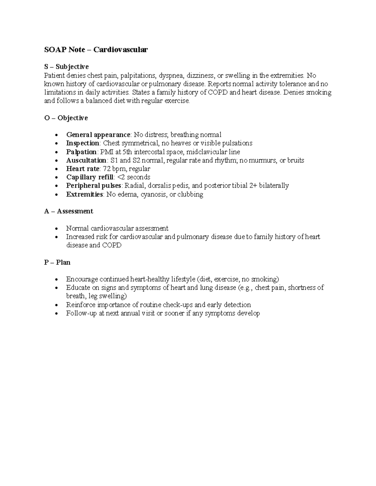 SOAP Note - Cardiovascular Assessment and Plan - Studocu