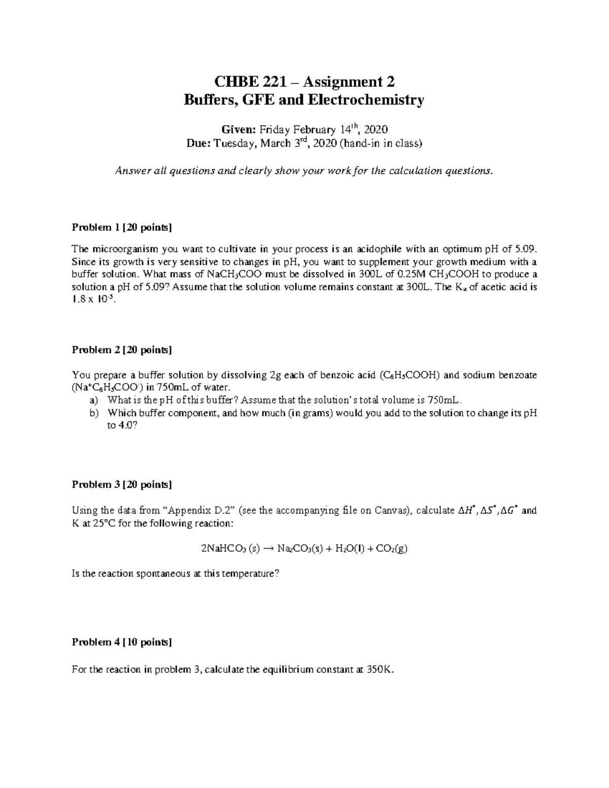 CHBE 221 Assignment 2 - CHBE 221 – Assignment 2 Buffers, GFE and ...