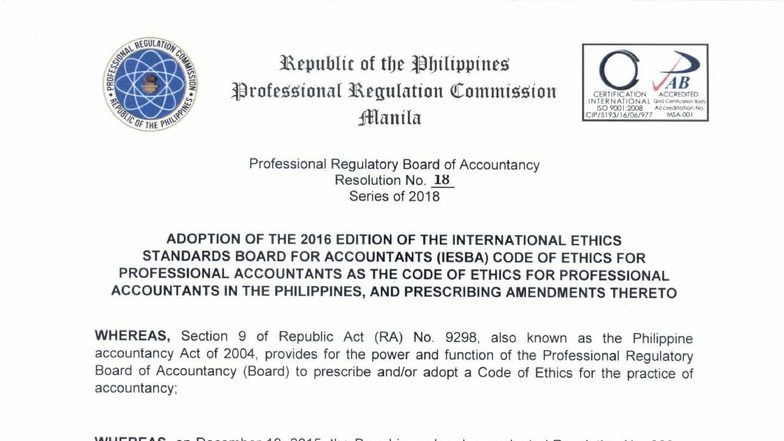 Adoption of the 2016 IESBA Code of Ethics for Accountants in the ...