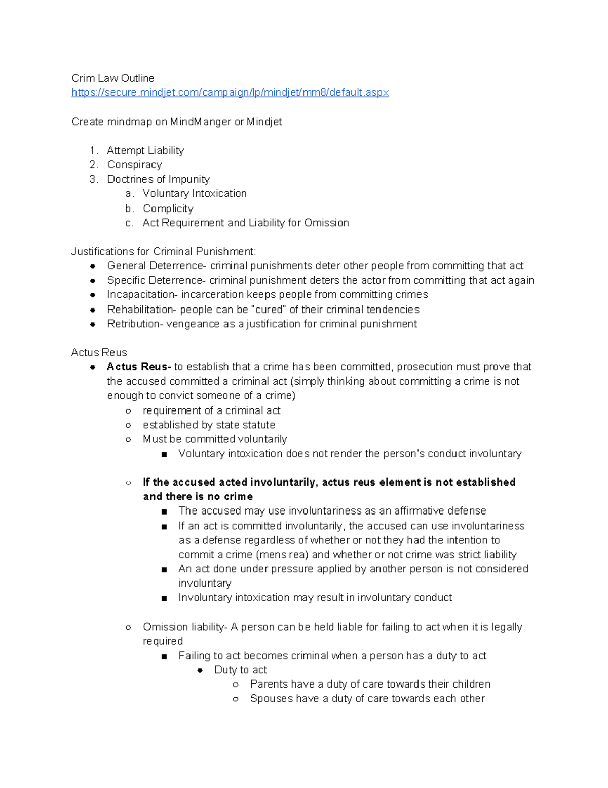 Crim Law Outline: Key Concepts and Defenses in Criminal Liability - Studocu