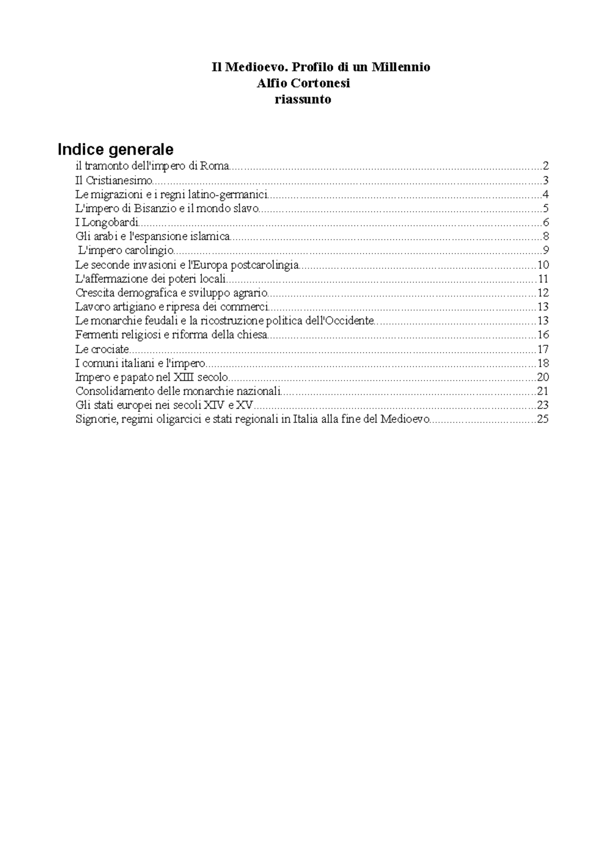 Riassunto e schemi dei capitoli de "Il Medioevo: profilo di un millennio" - Cortonesi - Document Preview