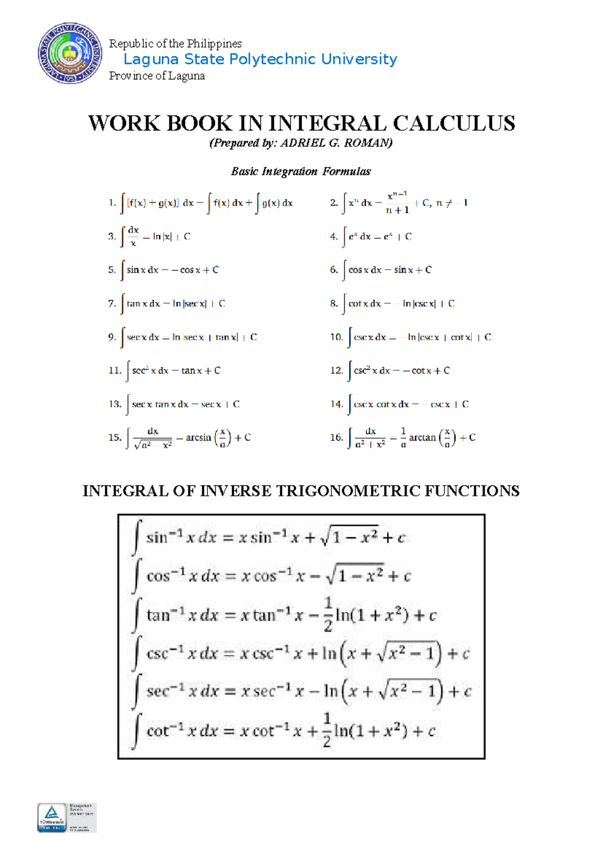 Basic Integration Formulas and Inverse Trig Functions - Activity 4 ...