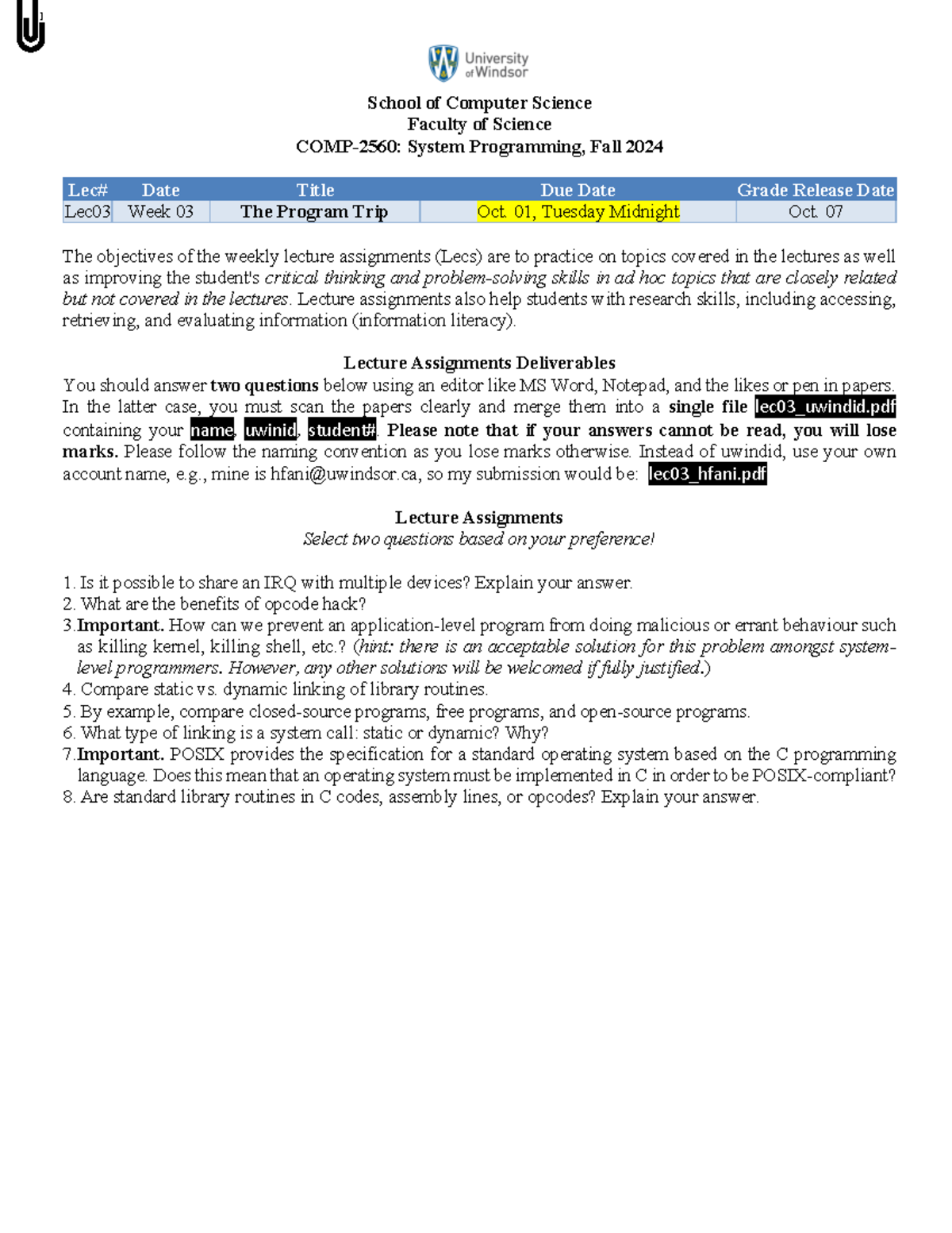 COMP-2560 Lec03 Assignment: Exploring System Programming Topics - Studocu