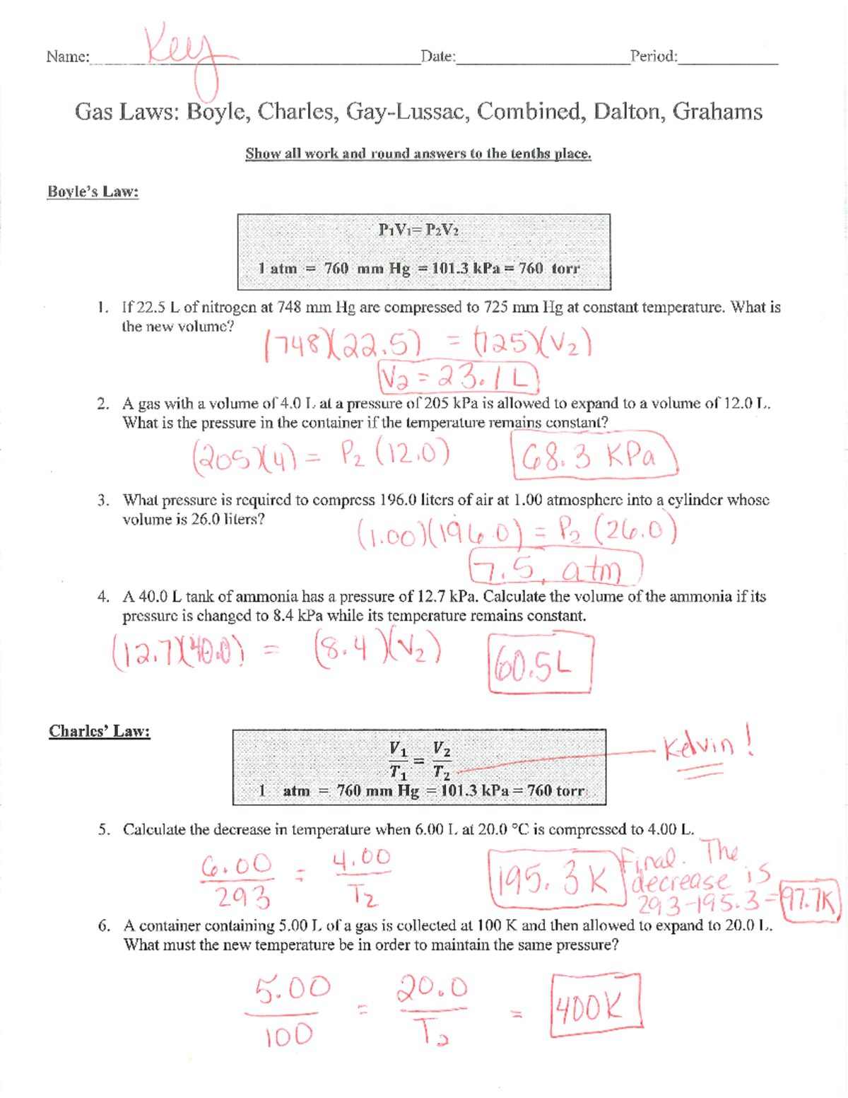 Gas Law Practice Solutions - Answer Key for Gas Laws Exercises - Studocu