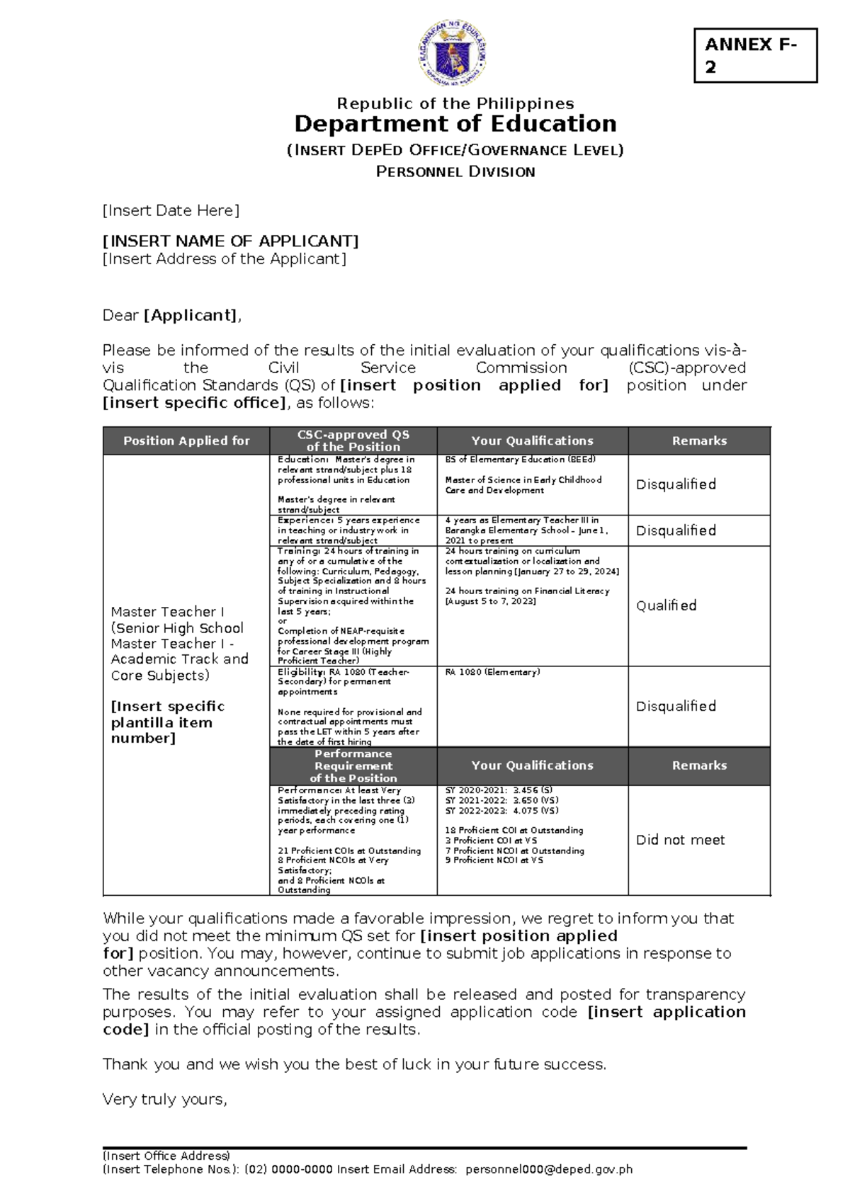Annex F-2 Notice to Disqualified Applicants for Teaching Positions ...