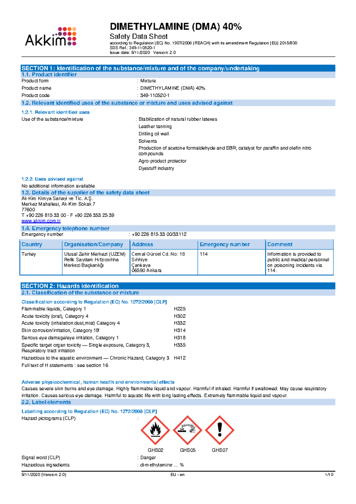 DIMETHYLAMINE (DMA) Safety Data Sheet - REACH Regulation Compliance ...