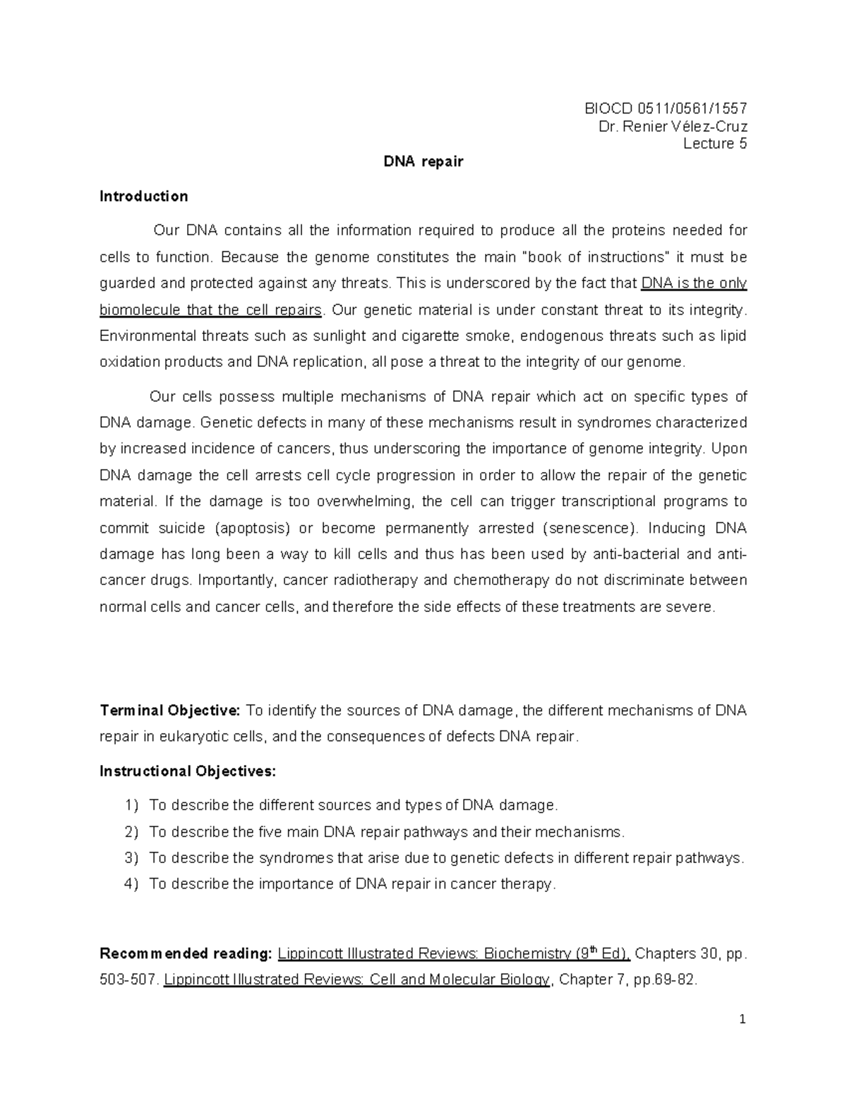 Mechanisms of DNA Repair in Cancer Therapy: BIOCD 0511/0561/1557 ...