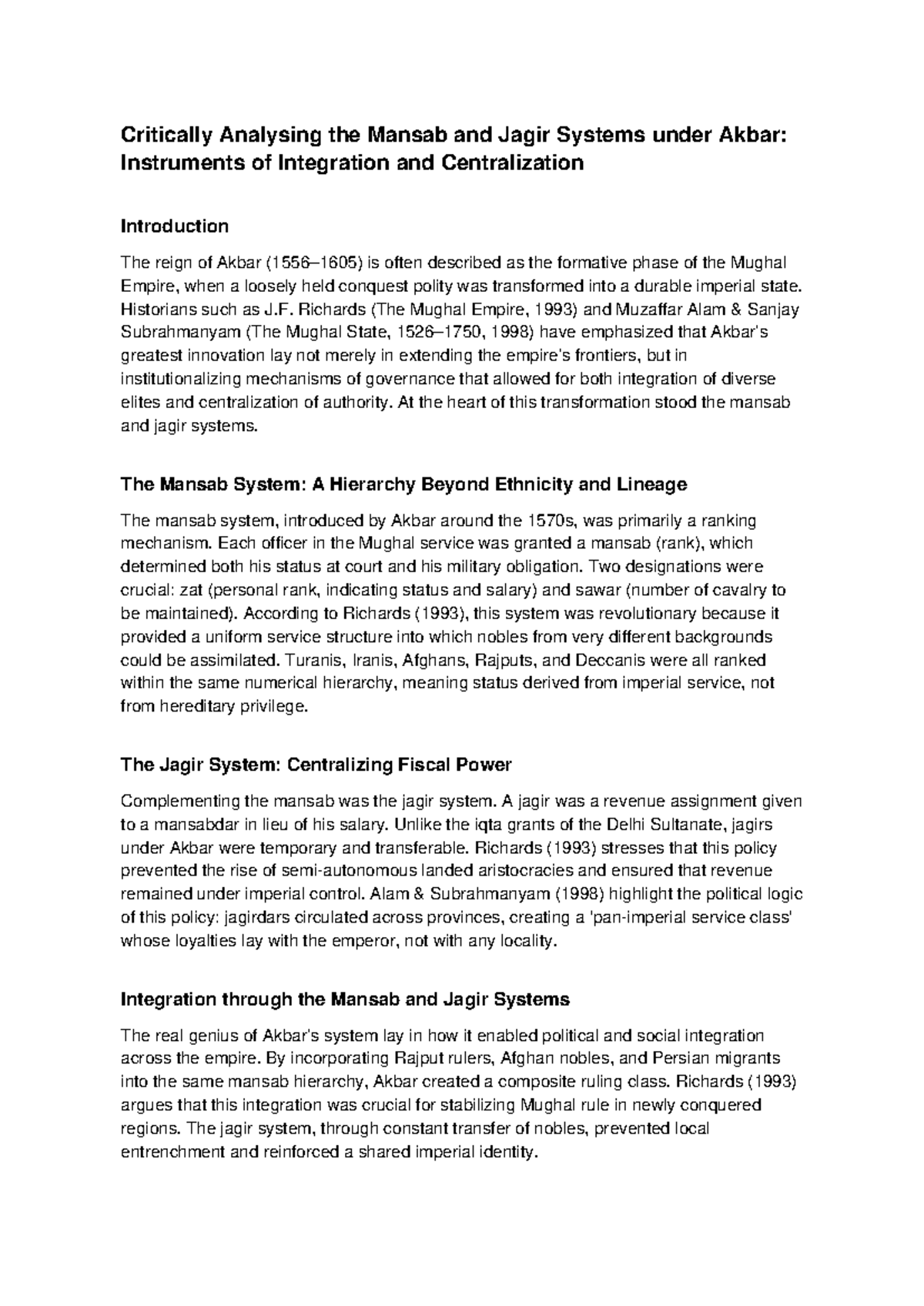 Mansab and Jagir Systems under Akbar: Integration & Centralization ...