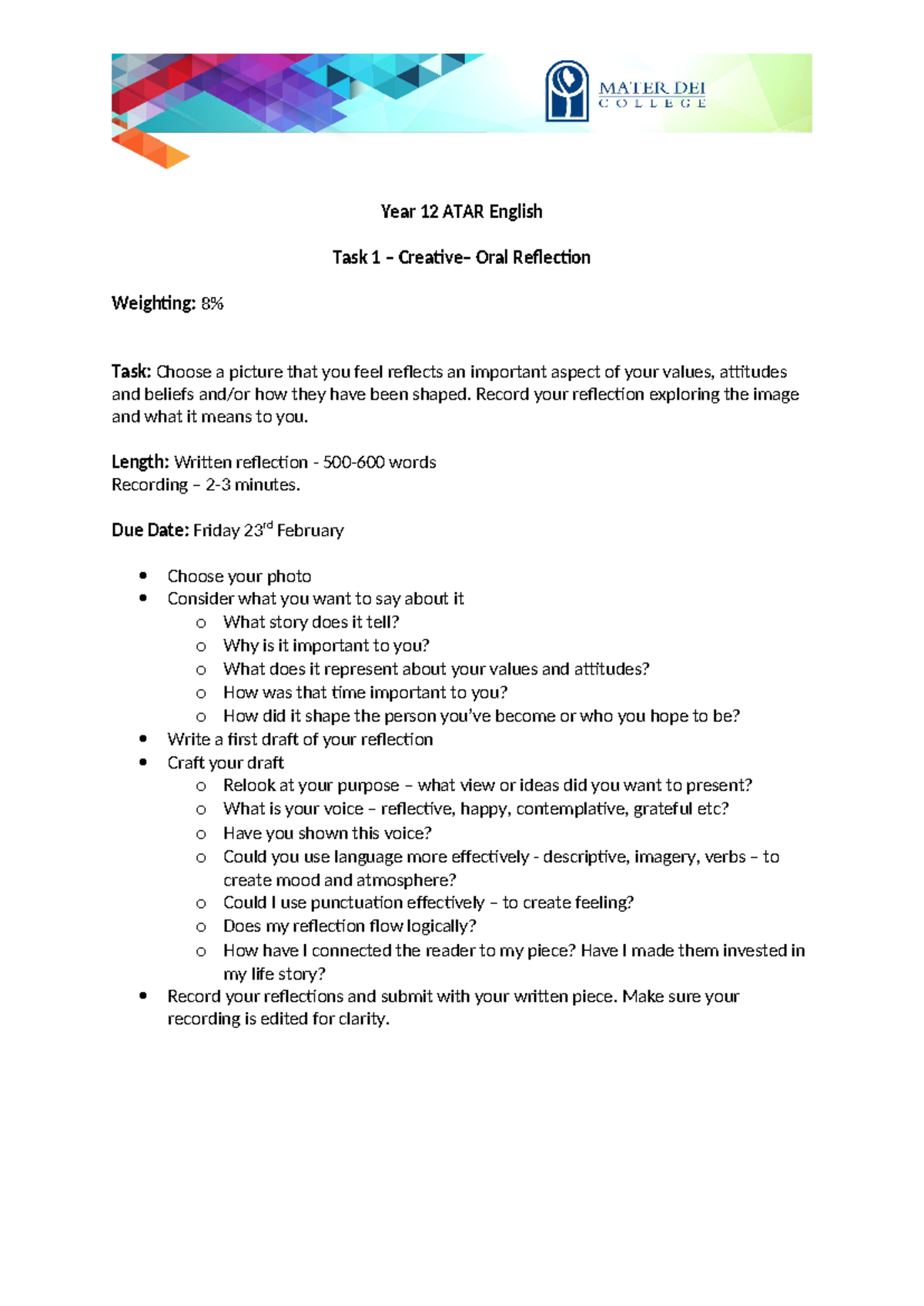 Year 12 ATAR English Task 1: Creative Oral Reflection Guide 2024 - Studocu