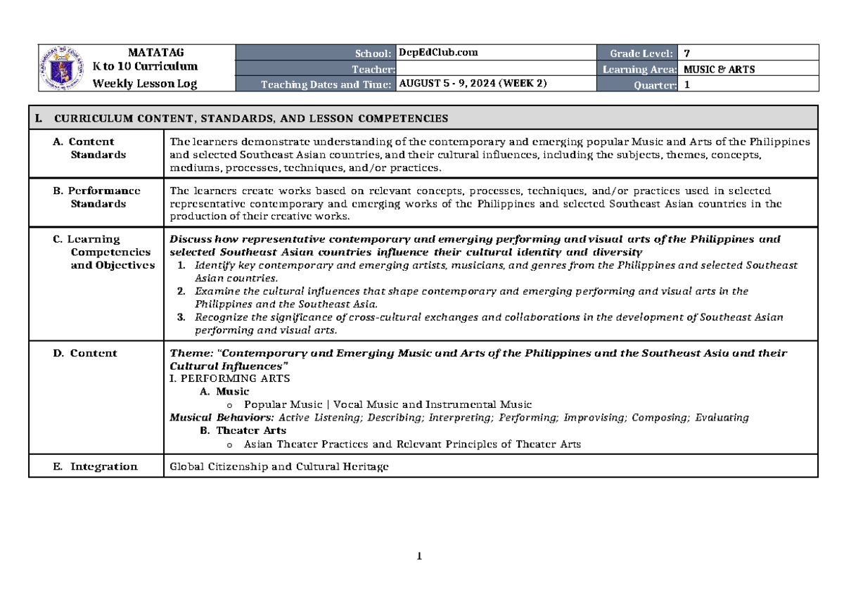 DLL Matatag Music & Arts 7 Q1 Week 2 Lesson Log - Studocu
