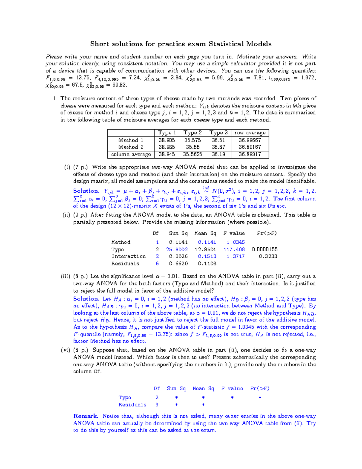 Statistical Models Practice Exam Solutions - Statistical Methods (SM ...