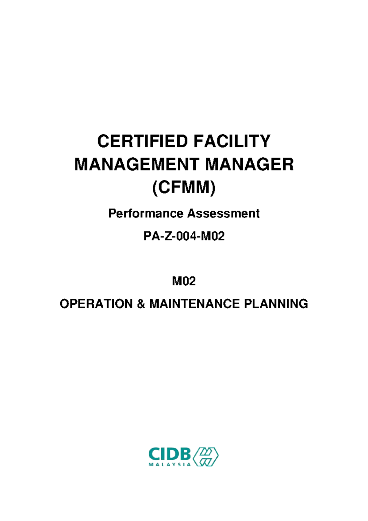 CFMM M02 Performance Assessment: Operation & Maintenance Planning - Studocu