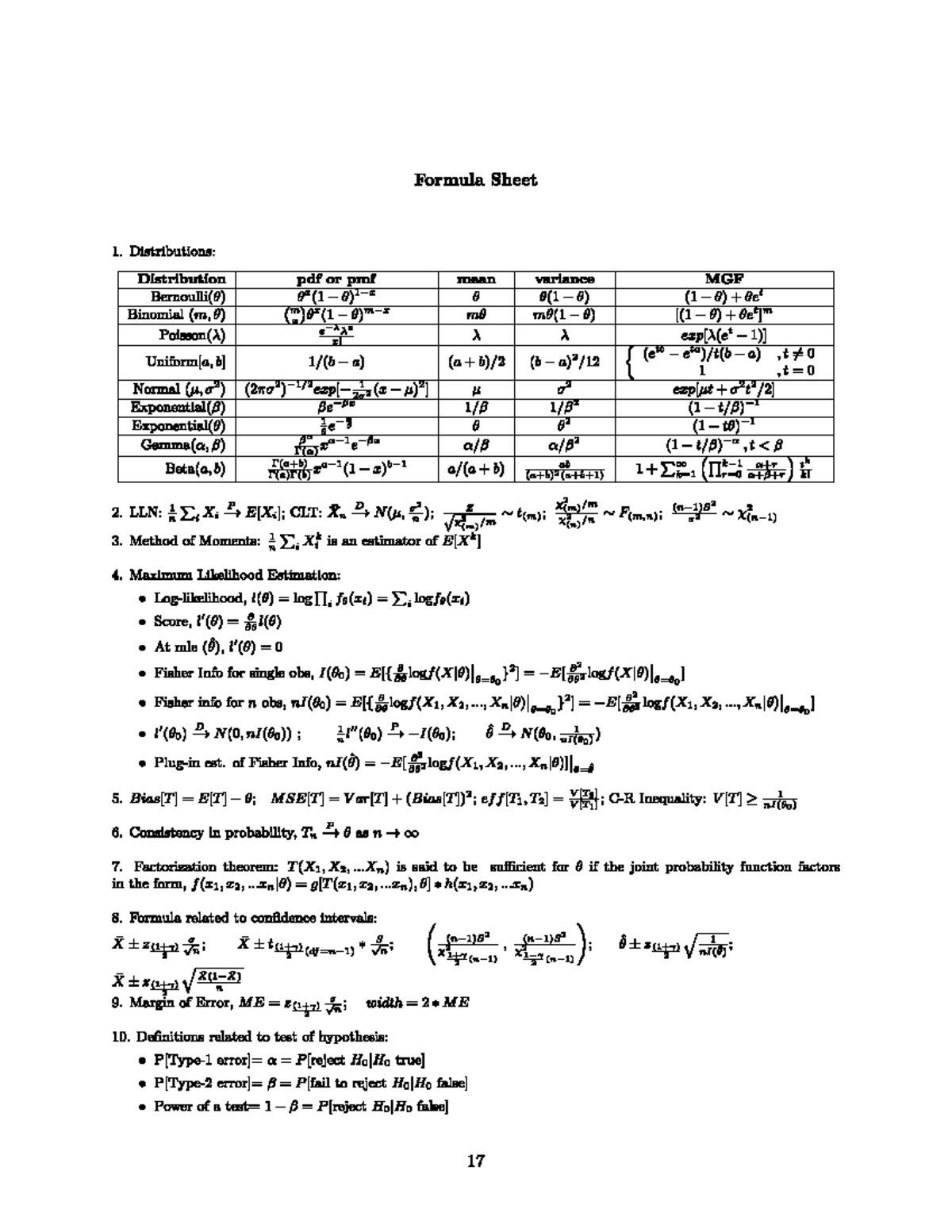 STAB57 Final Exam Formula Sheet: Distributions & Estimations - Studocu