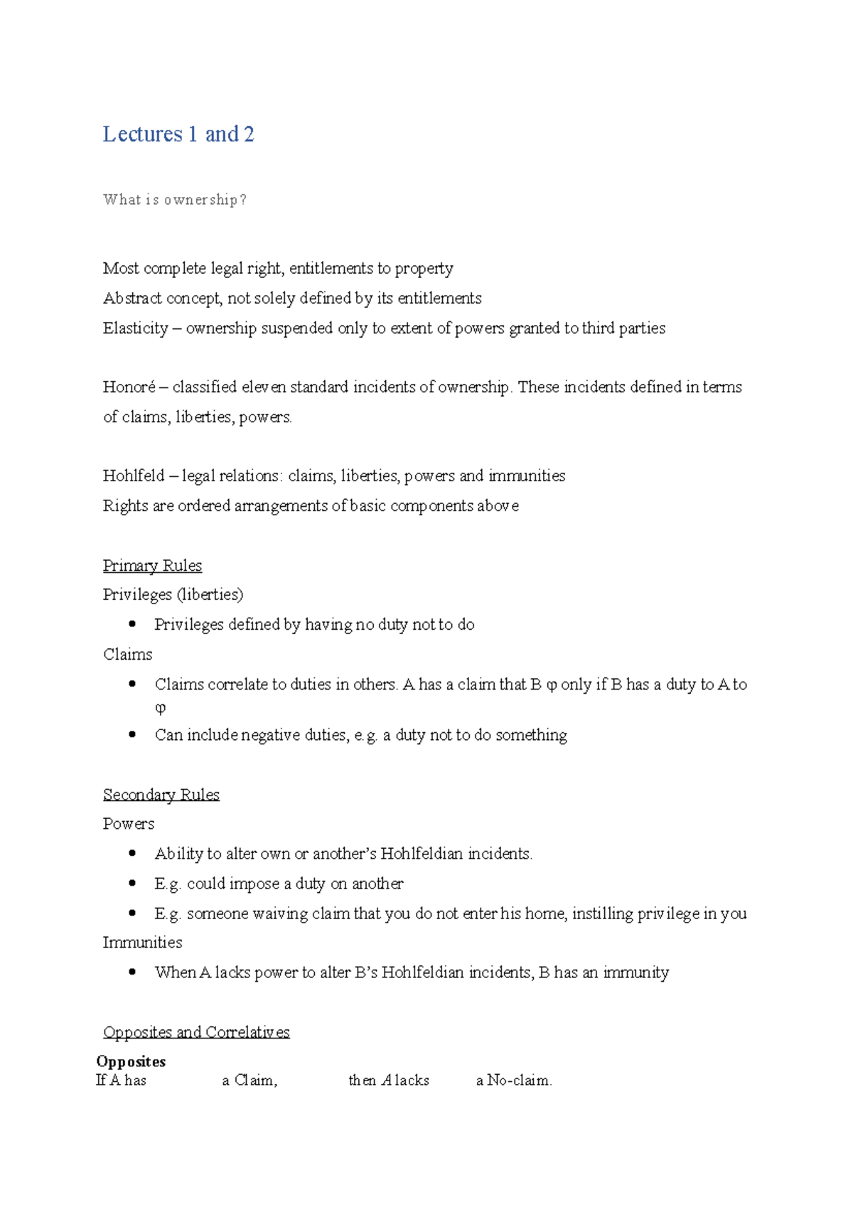 Ownership in Property Law: Key Concepts and Incidents Notes - Studocu