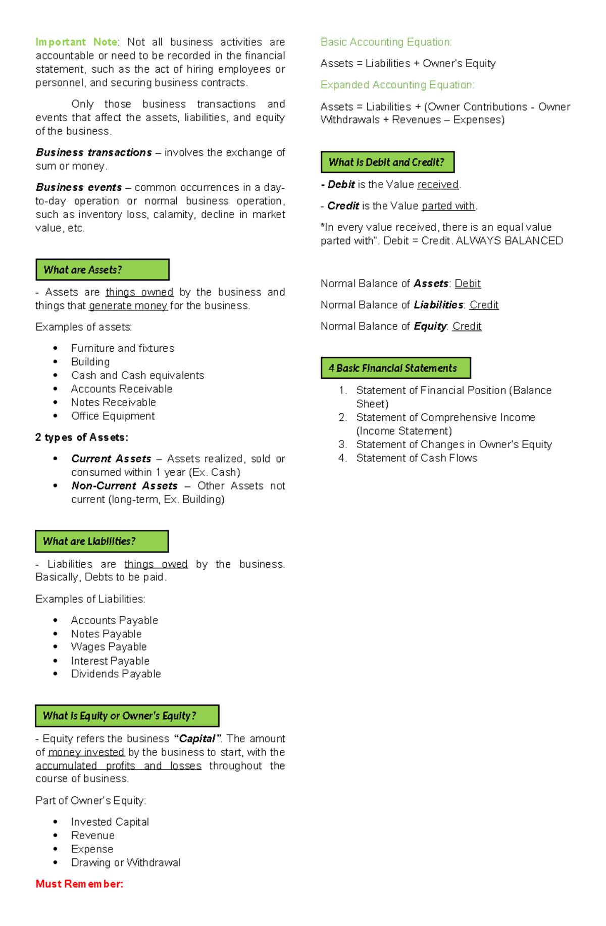 Basics of Accounting - Important Note: Not all business activities are ...