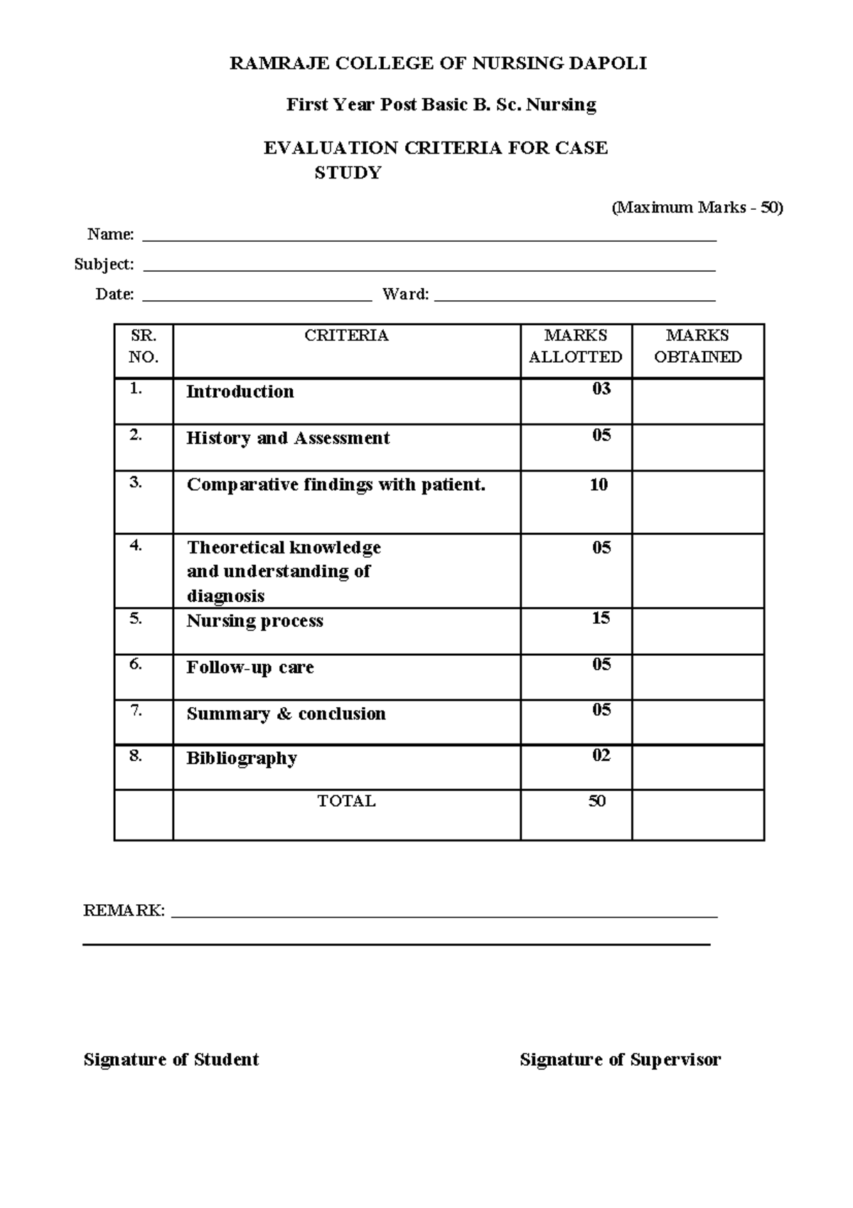 PB B.Sc. Nursing Evaluation Criteria for Case Study & Presentation ...