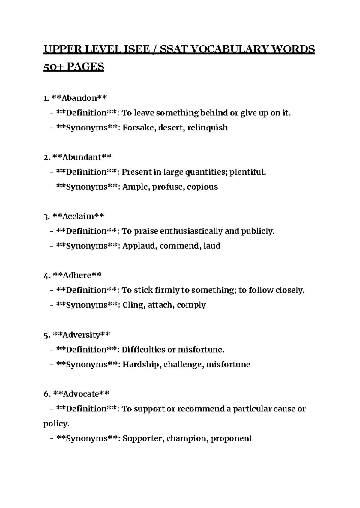 Upper Level ISEE/SSAT Vocabulary Mastery Guide - Studocu