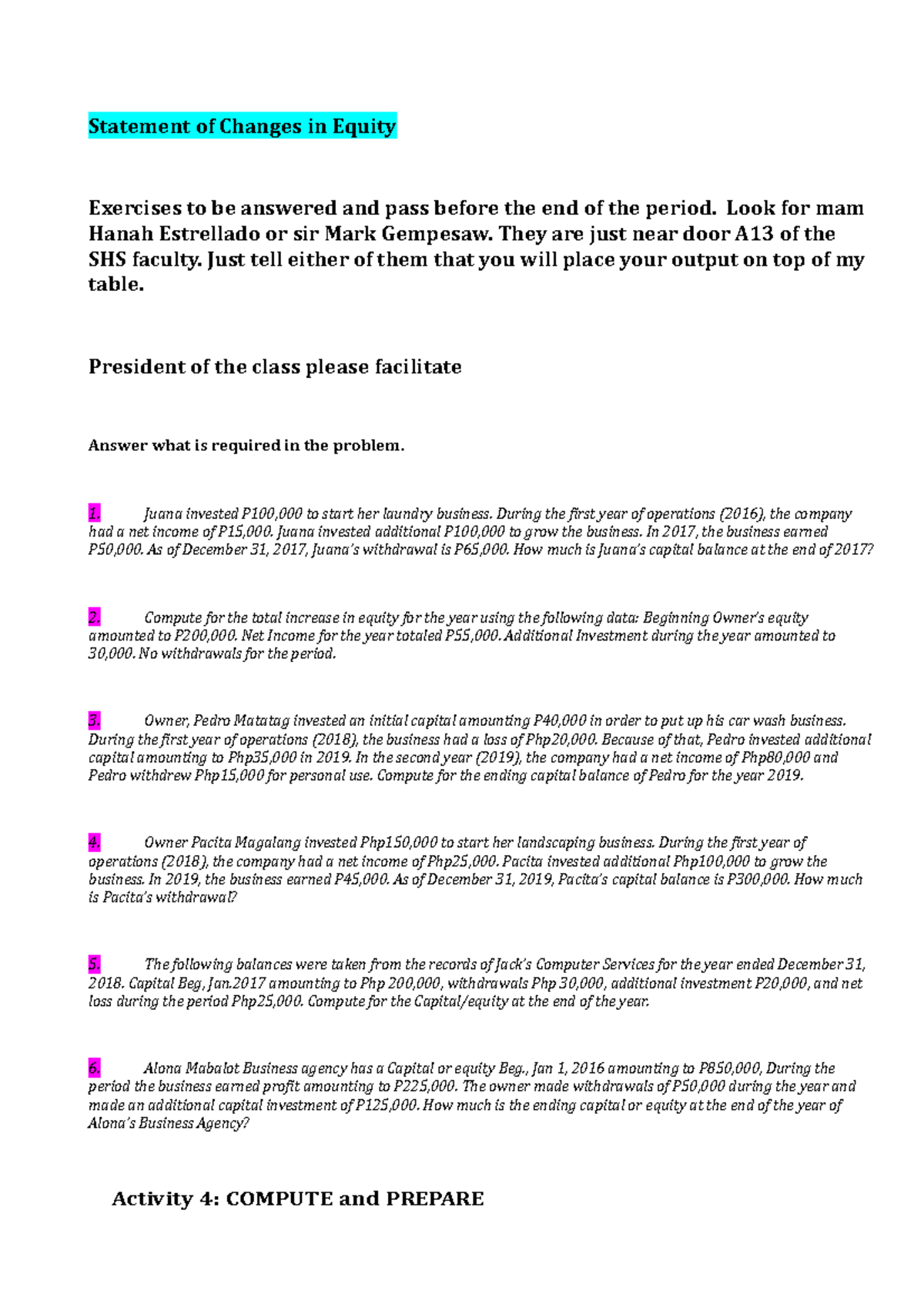 Statement of Changes in Equity Activities and Exercises - Studocu