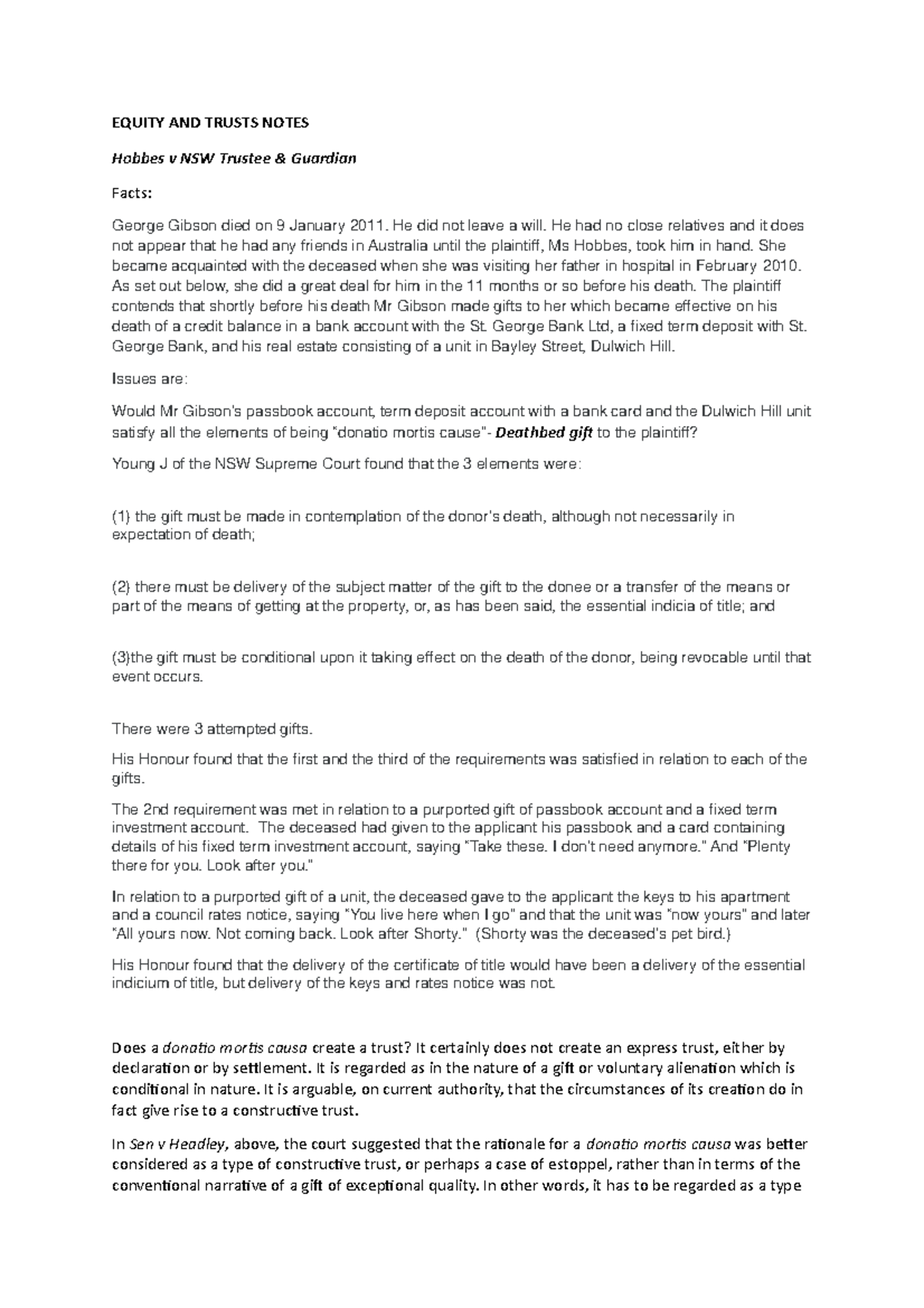 Equity and Trusts Lecture Notes - Key Cases and Concepts Analysis - Studocu