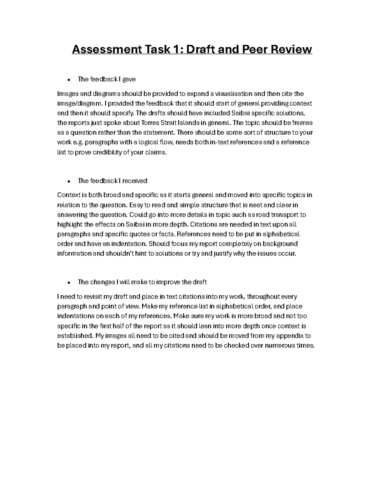 Assesment Task 1A Feedback - Assessment Task 1: Draft and Peer Review ...