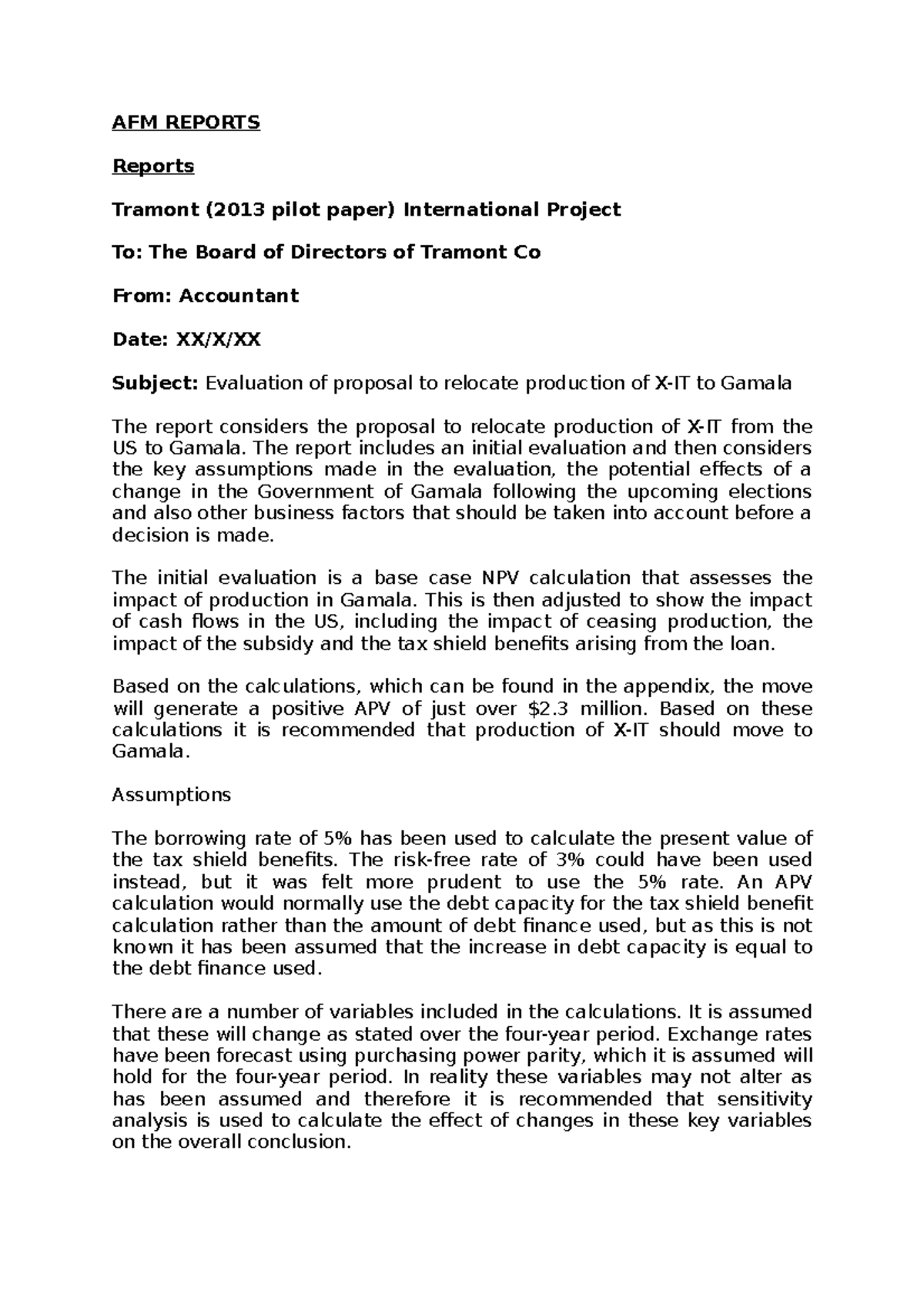 AFM Reports: Evaluation of X-IT Production Relocation Proposal - Studocu