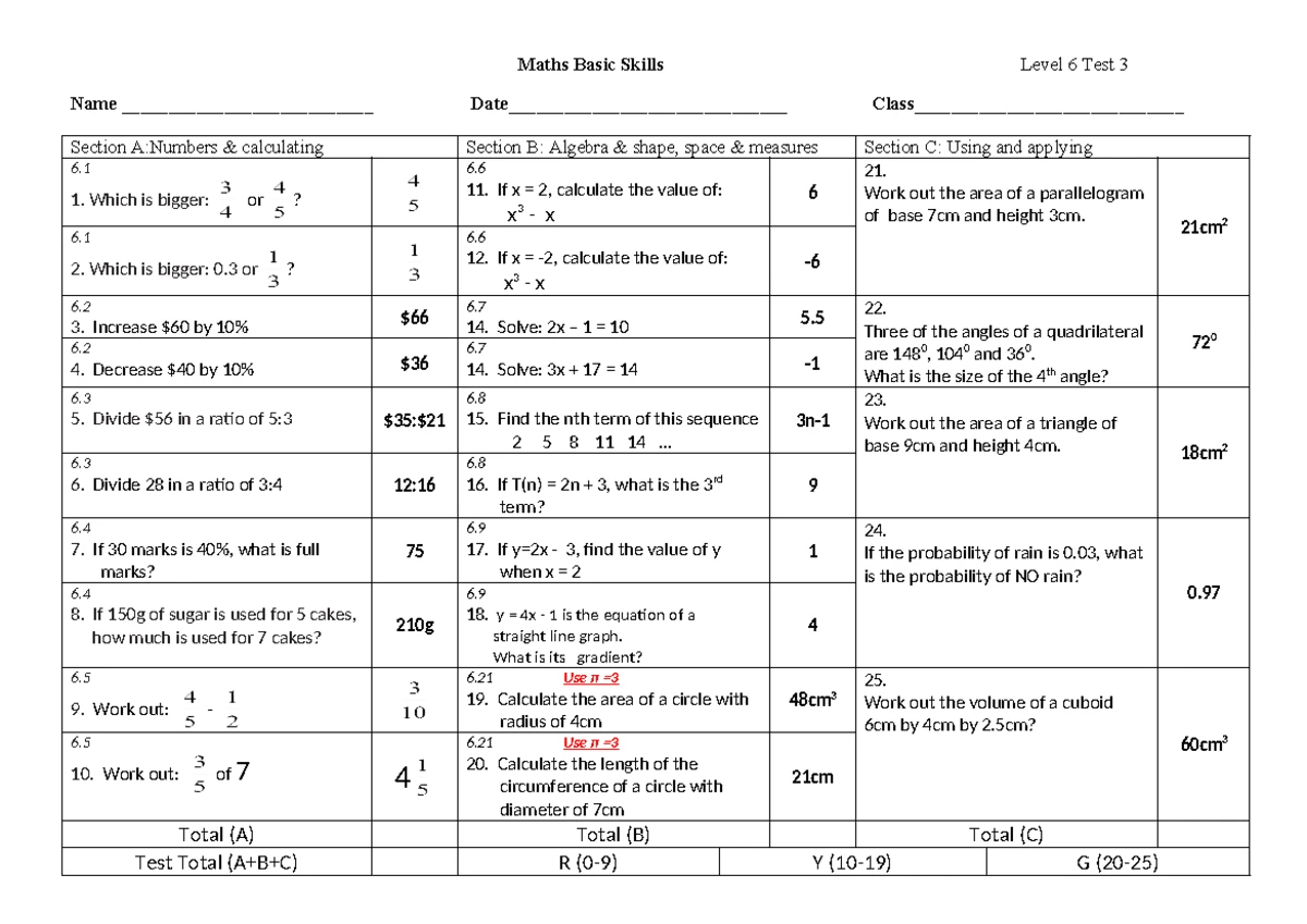 Maths Level 6 Test 12: Practice Exercises &amp; Answers - Studocu