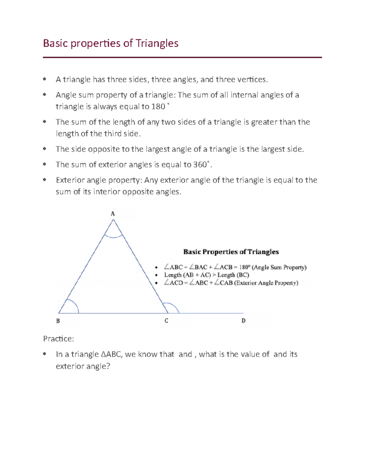 Basic properties of Triangles - Angle sum property of a triangle: The ...