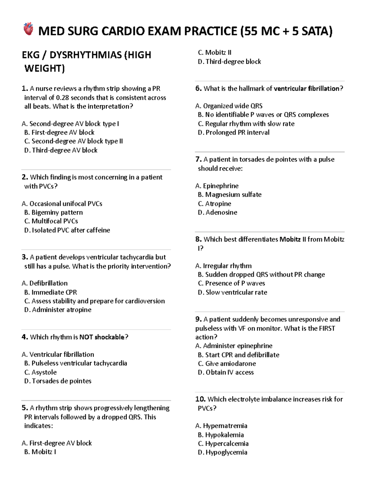 EXAM 1 MED SURG Cardio Practice Questions & Answers - Studocu