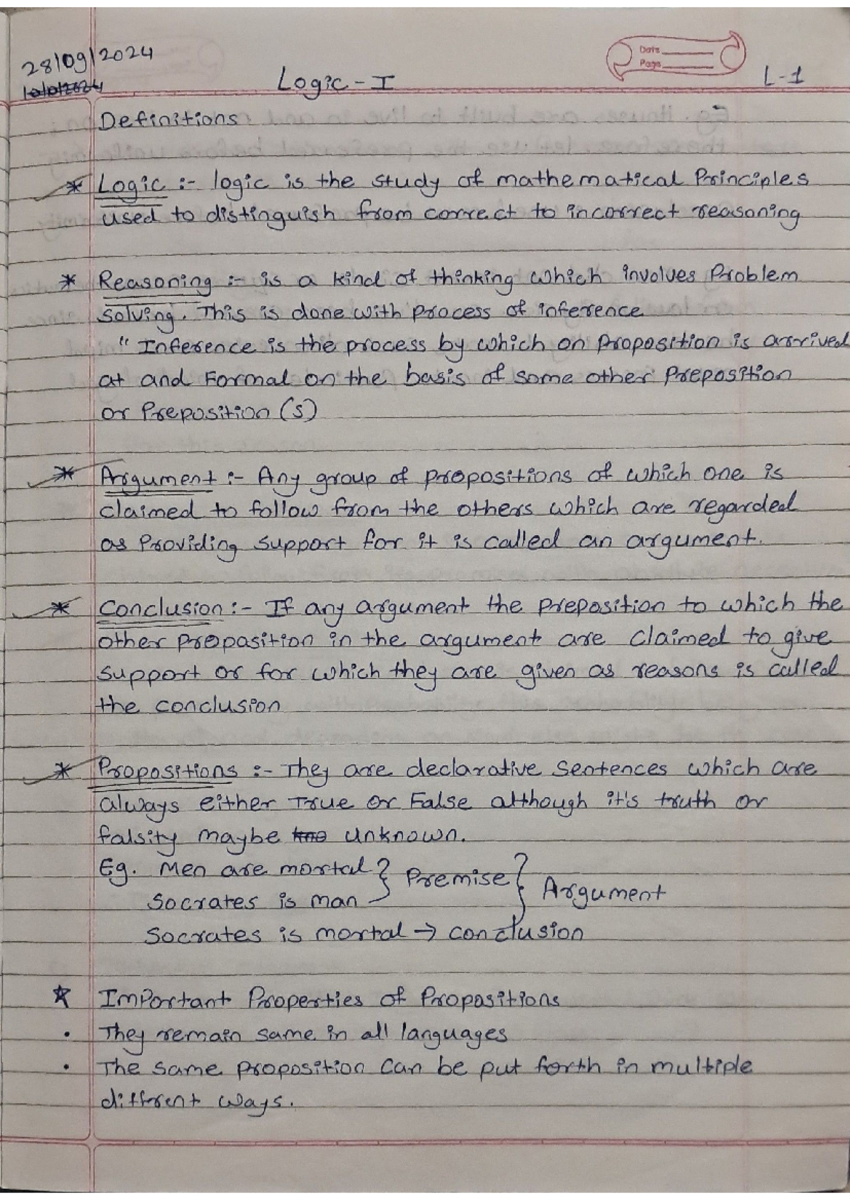Logic notes - Date Page Logic I Definitions Logic: logic is the study ...
