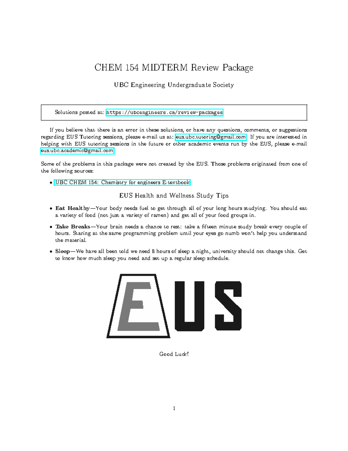 CHEM 154 MIDTERM 1 Review Package 2025 - Solutions & Study Tips - Studocu