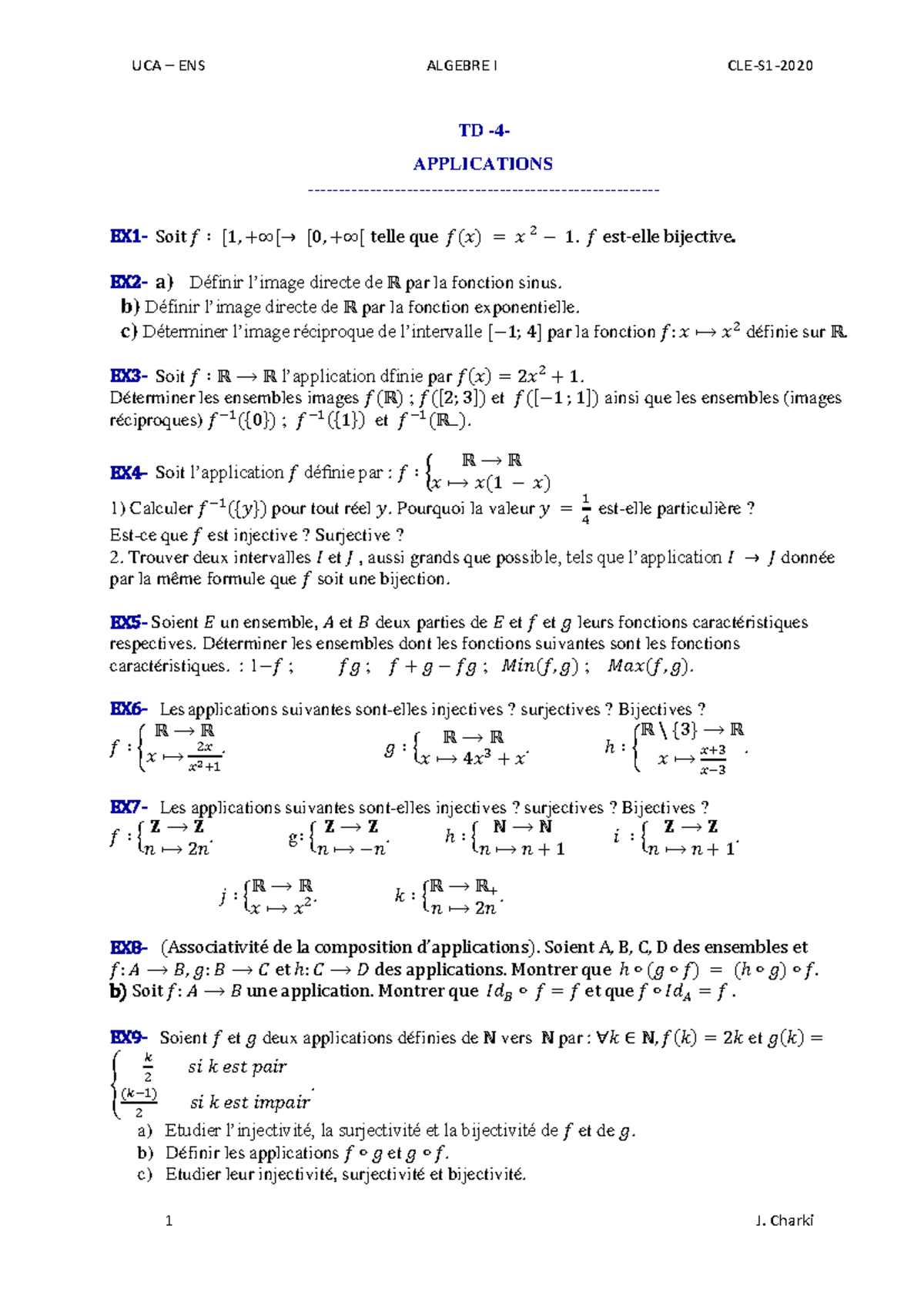 TD4 Applications: Injection, Surjection et Bijectivité en Algèbre I ...