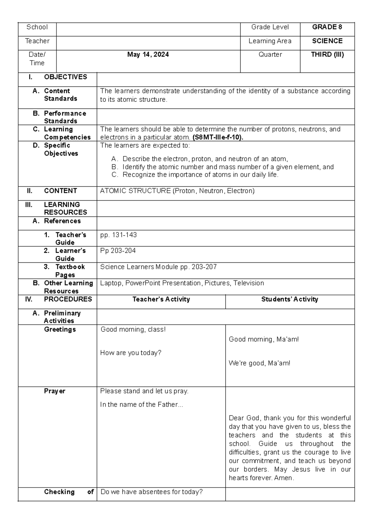 Atomic Structure G8 - Sample Lesson Plan - School Grade Level GRADE 8 ...